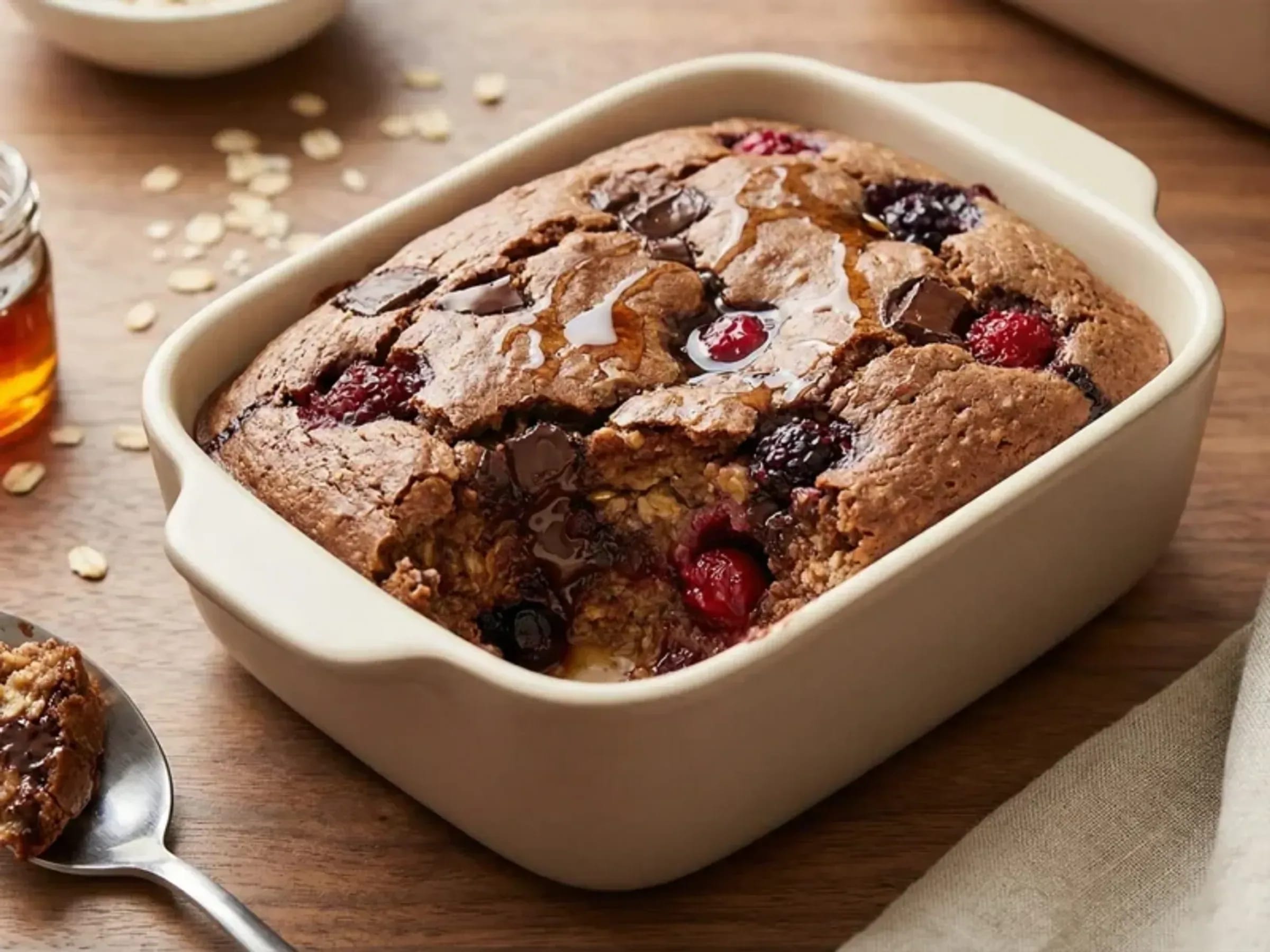 Schoko-Baked Oats mit Beeren und Bitterschokolade in einer kleinen Ofenform