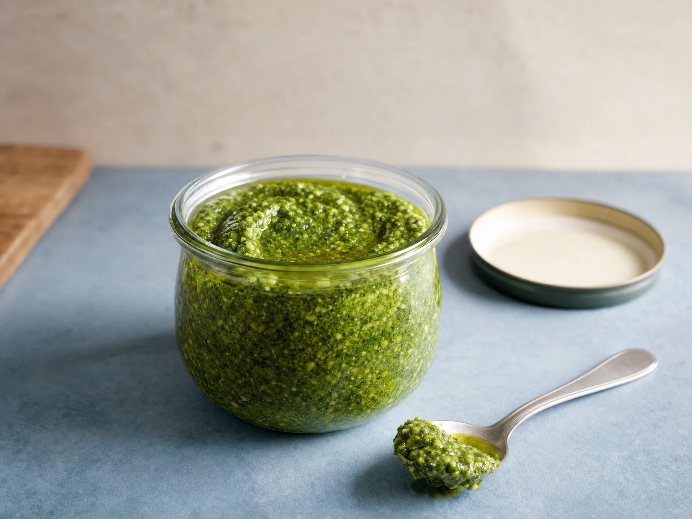 Basilikum-Pesto selber machen – Pesto Genovese mit Pinienkernen fertig angerichtet