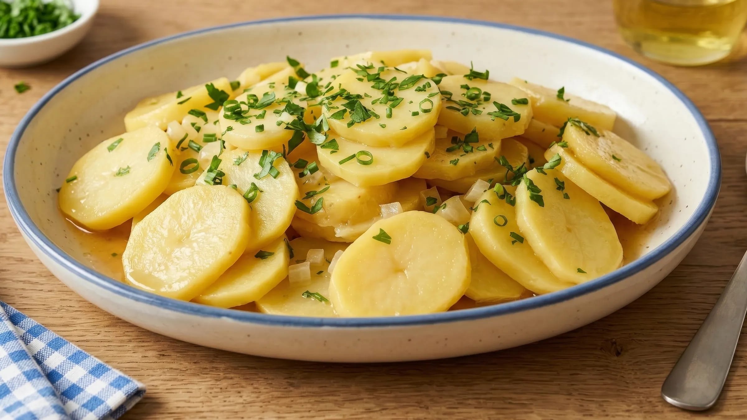 Bayerischer Kartoffelsalat ohne Mayo mit Kräutern in einer Schüssel angerichtet