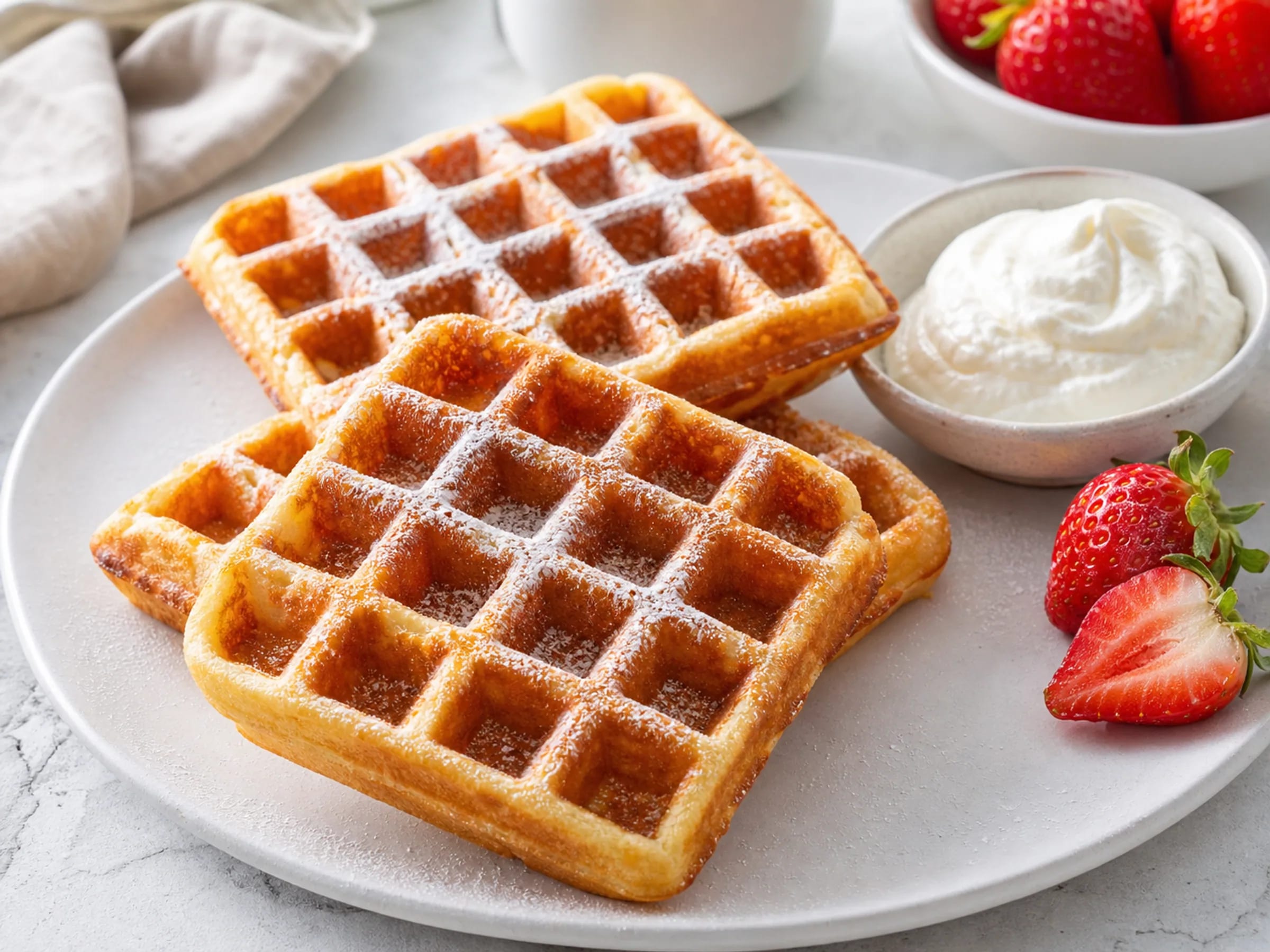 Goldbraune belgische Waffeln mit Puderzucker und tiefen Mulden auf einem Teller