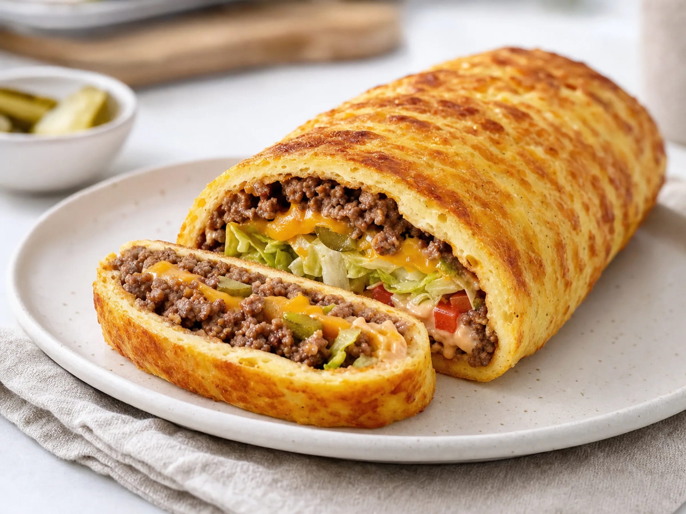 Aufgeschnittene Low-Carb-Big-Mac-Rolle mit Hackfleisch, Salat, Käse, Gurken und cremiger Soße