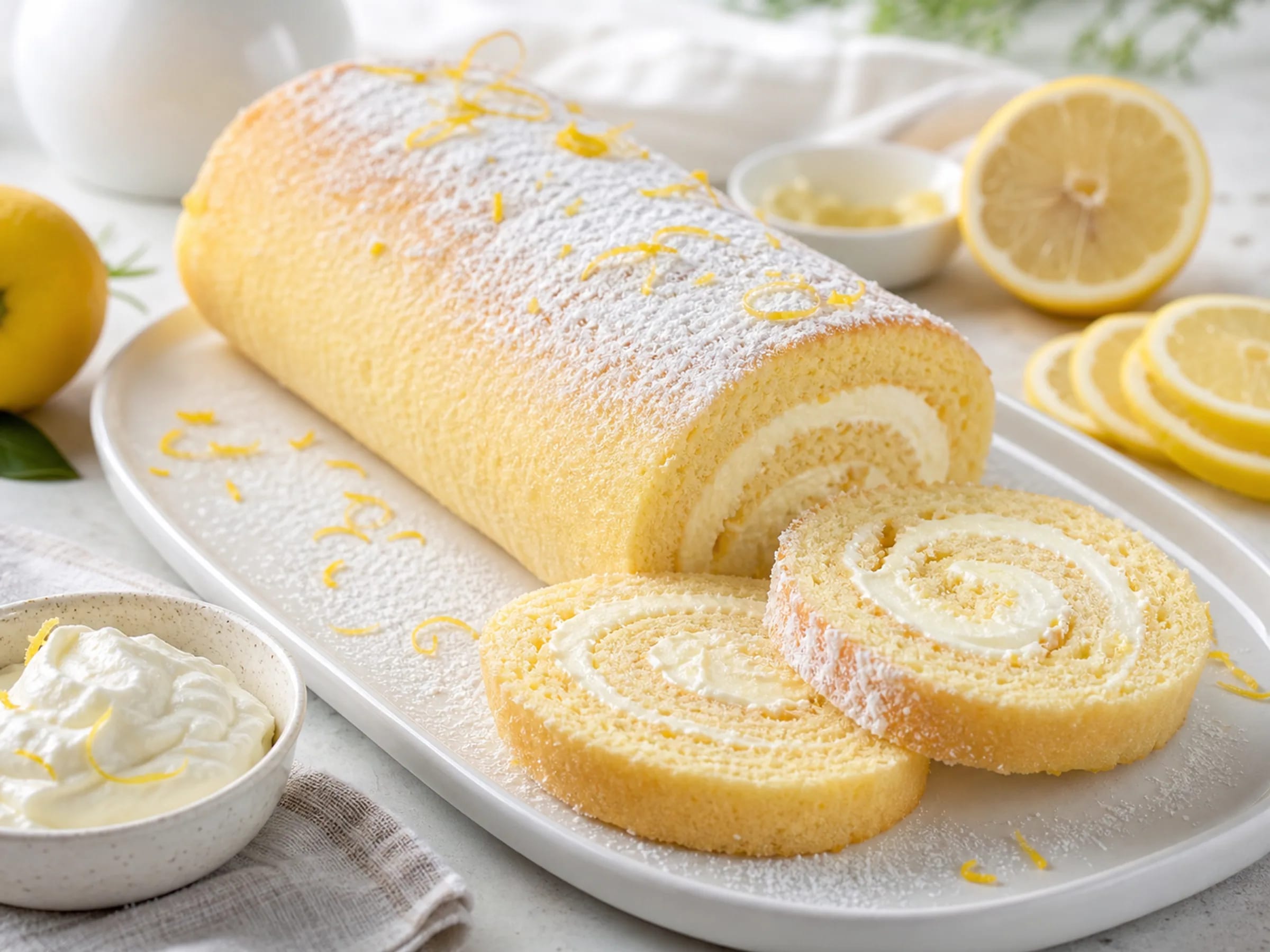 Angeschnittene Zitronen-Biskuitrolle mit Quark-Sahne-Füllung und Puderzucker