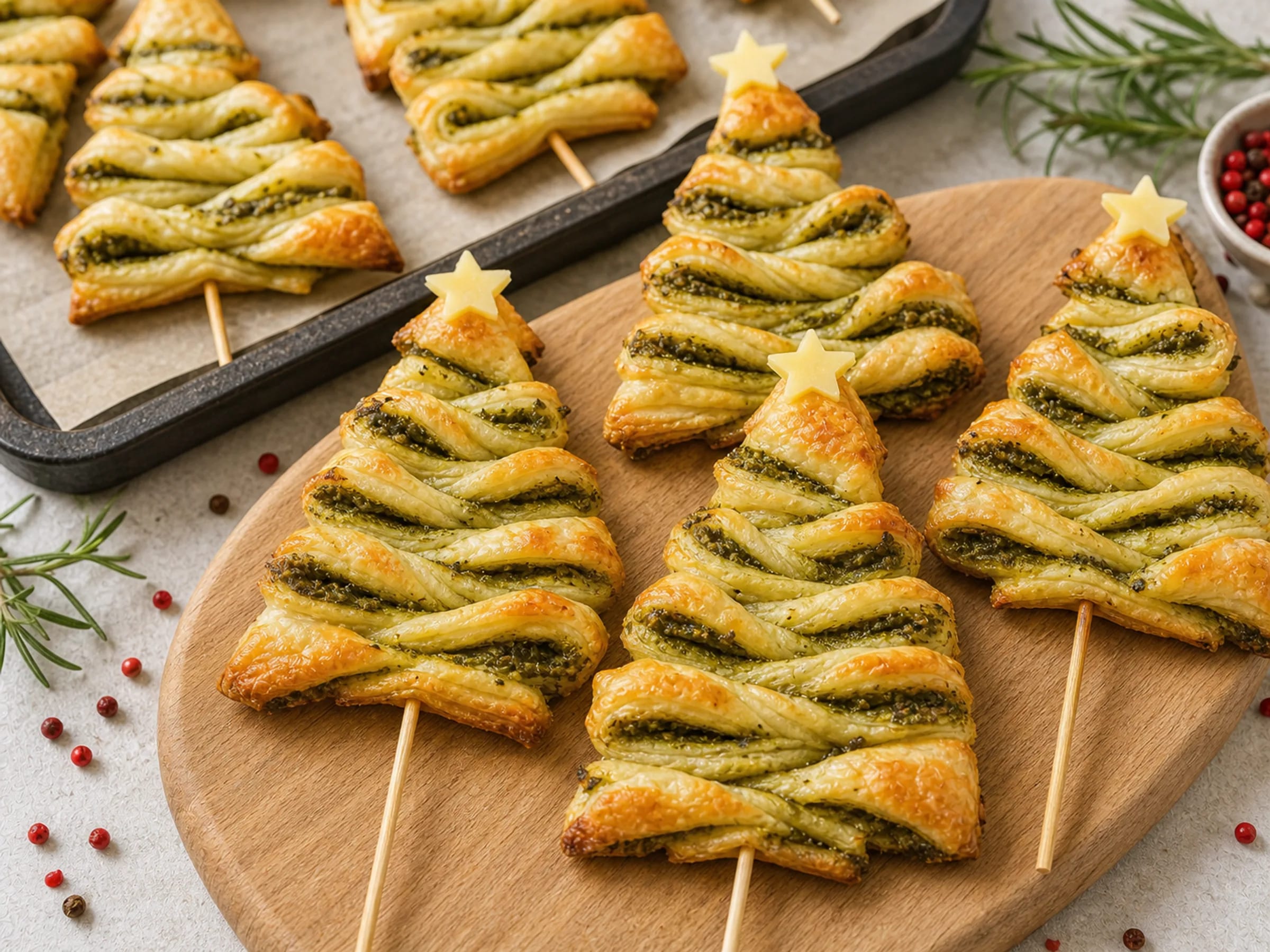Goldbraune Blätterteig-Tannenbäume am Spieß mit Pesto-Frischkäse und Käse-Sternen