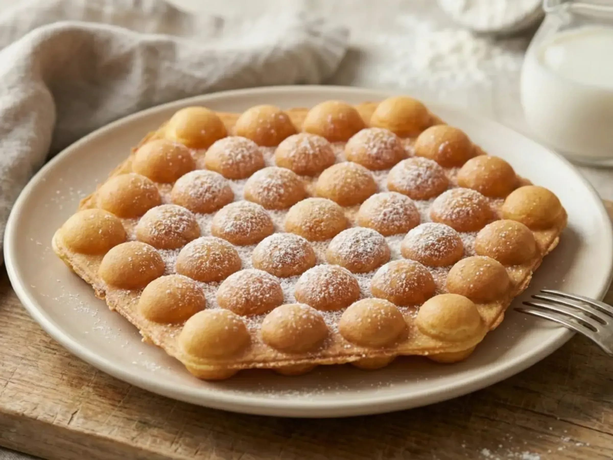 Goldbraune Hong-Kong-Waffel mit runden Blasen und Puderzucker auf einem Teller