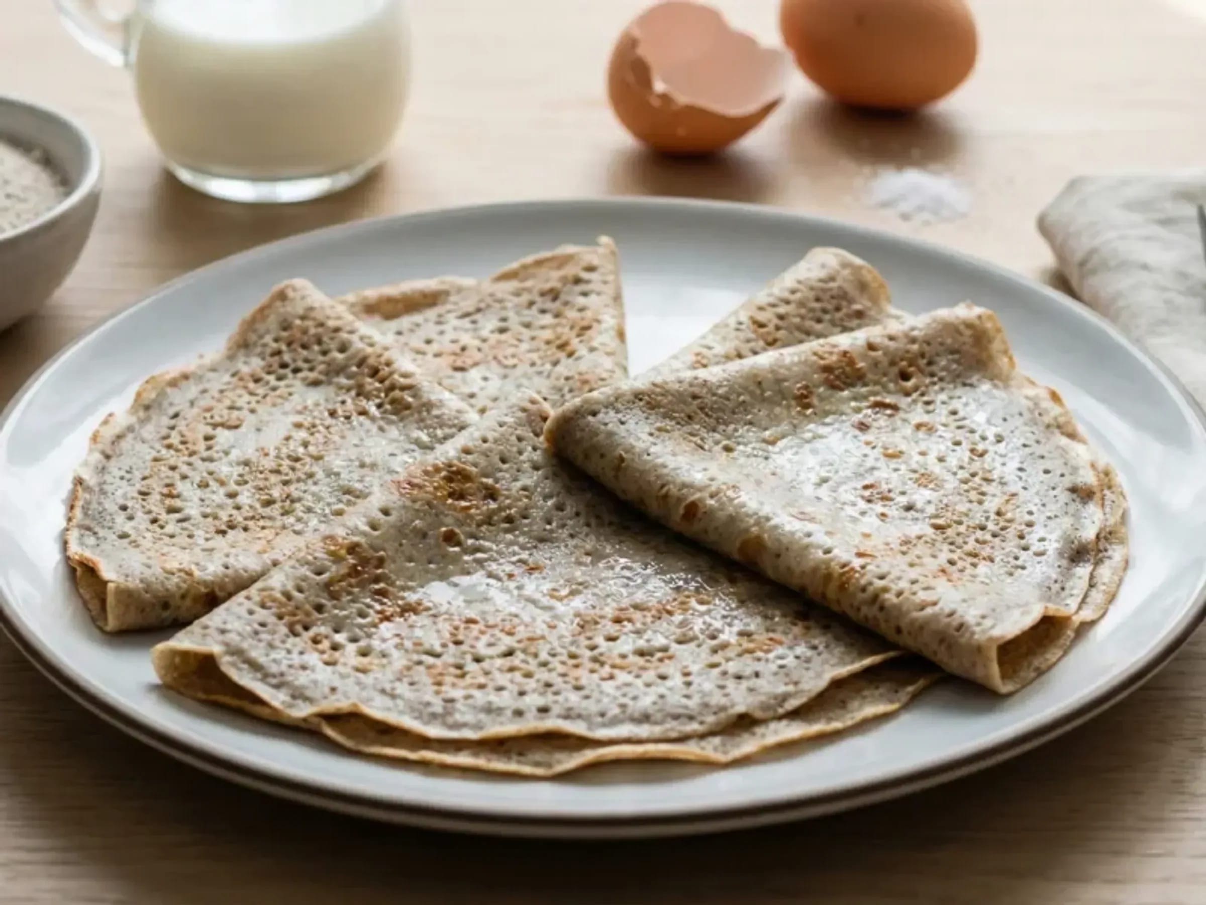Mehrere dünne gefaltete Buchweizen-Crêpes auf einem hellen Teller