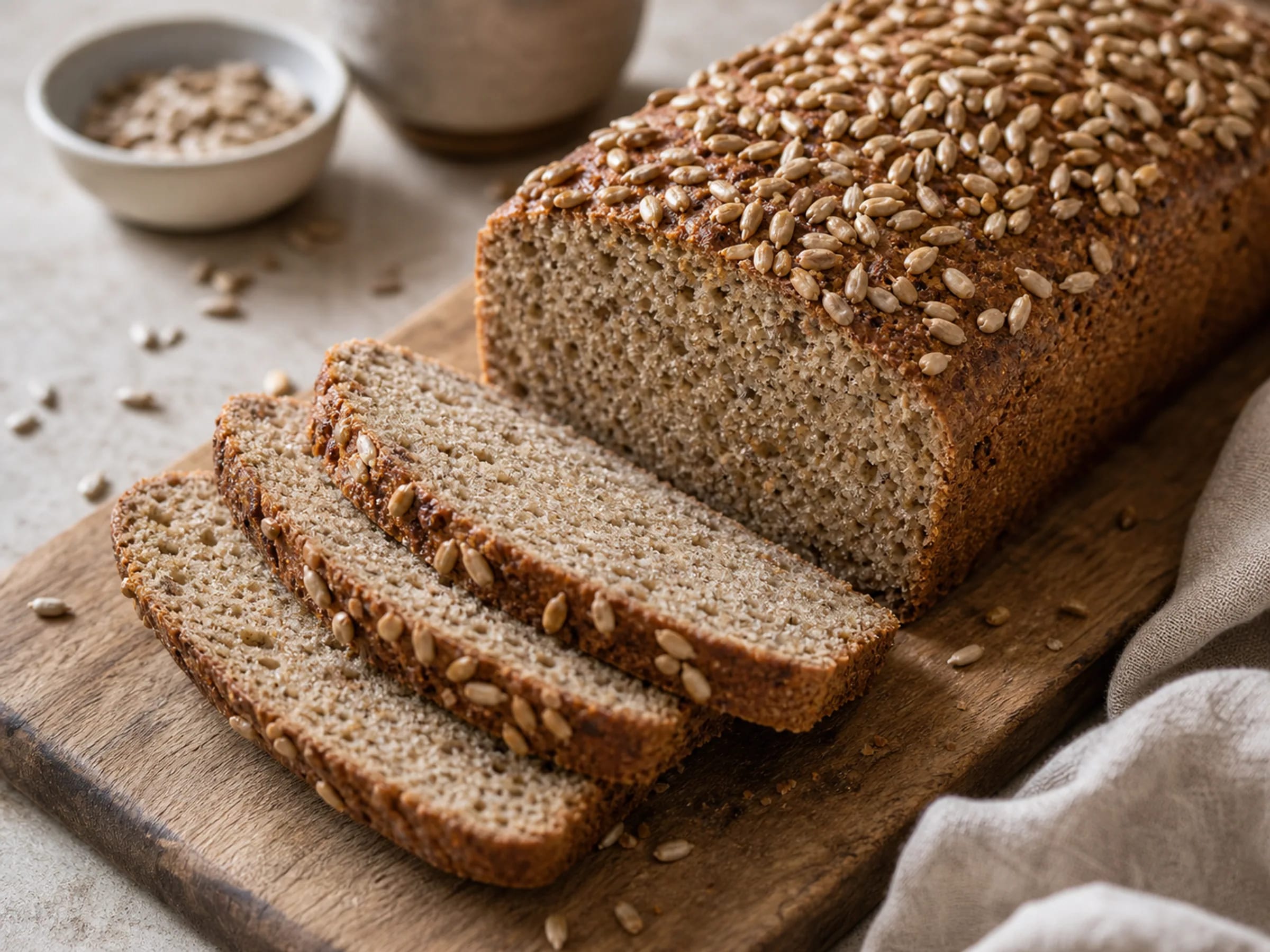 Angeschnittenes glutenfreies Buchweizenbrot mit dunkler Kruste und saftiger Krume