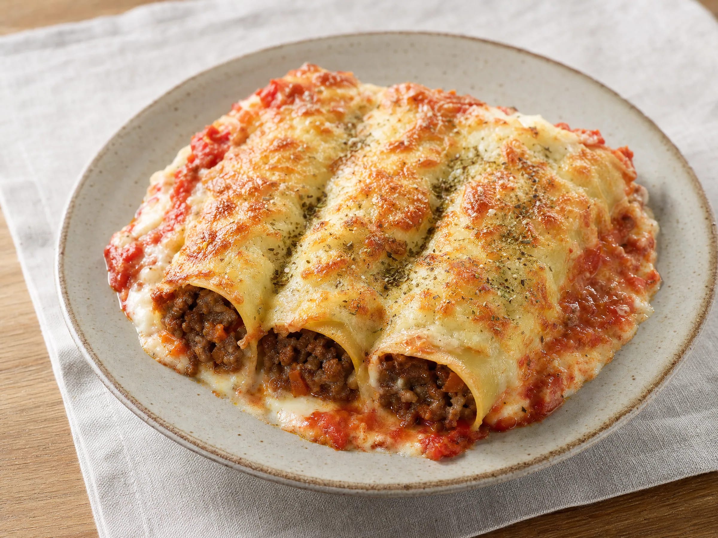 Cannelloni mit Hackfleisch und Béchamel al forno fertig angerichtet