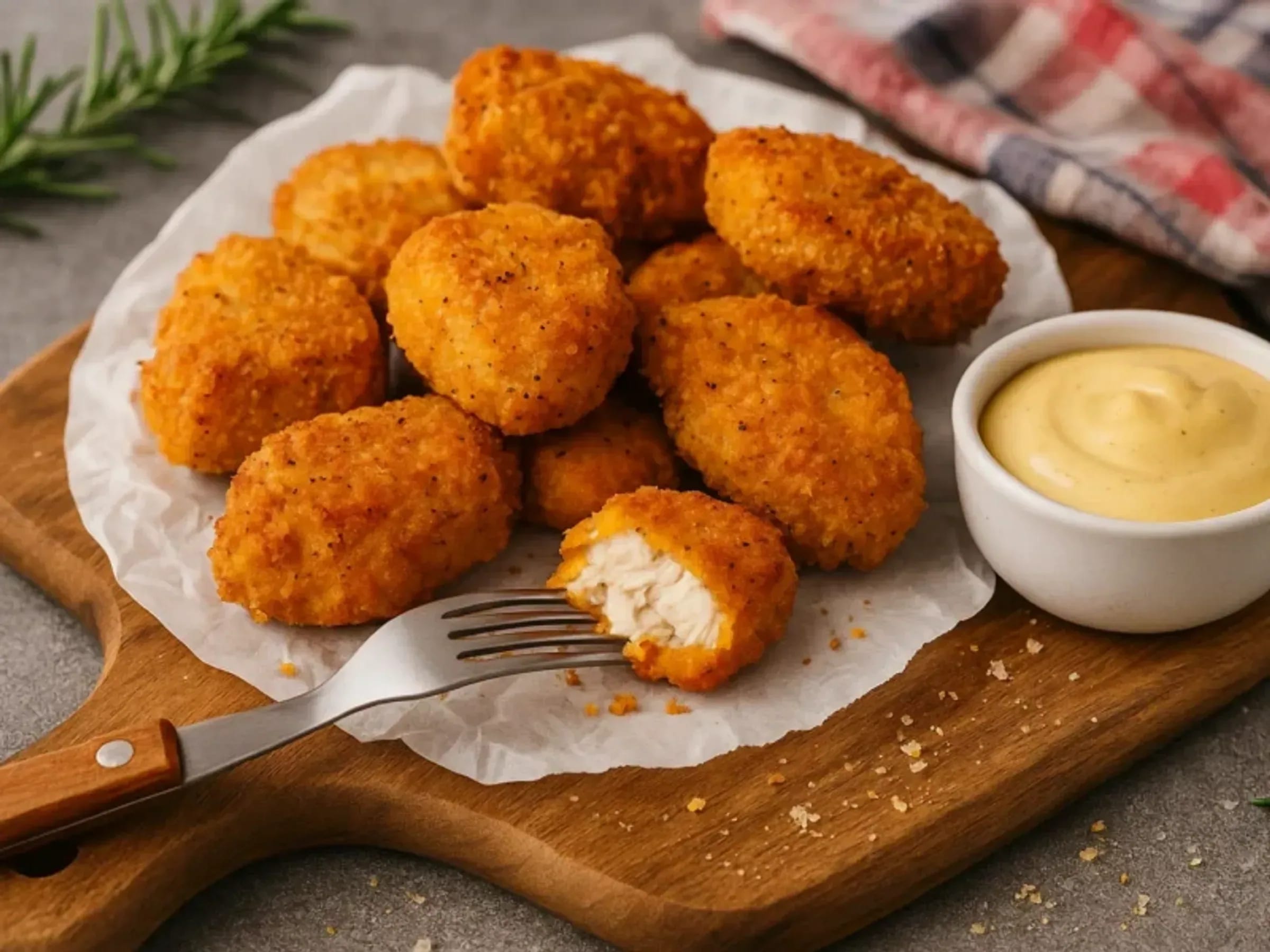 Goldbraune Chicken Nuggets mit cremigem Honig-Senf-Dip