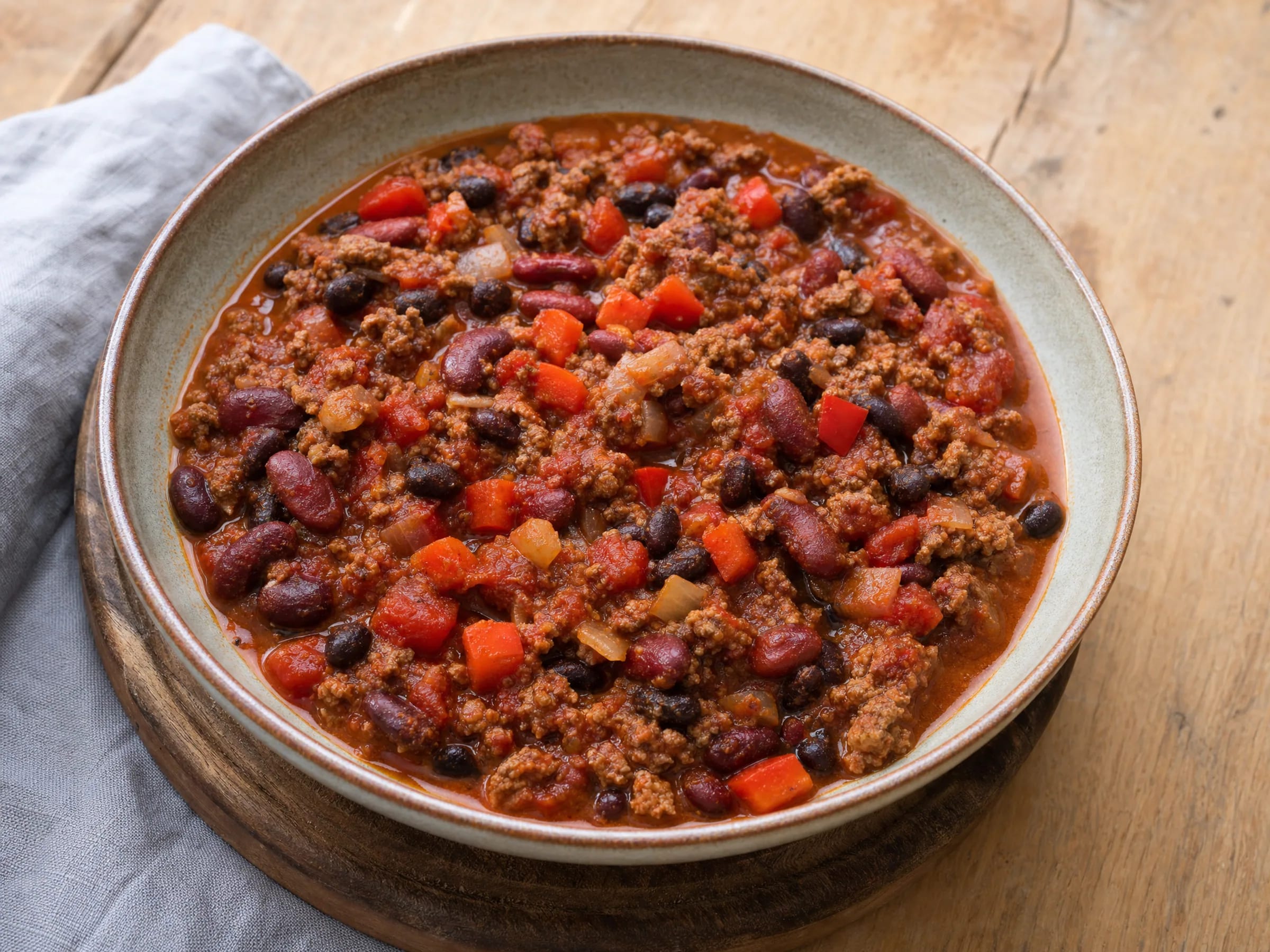 Chili con Carne mit Rinderhack, Bohnen und gerösteten Gewürzen fertig angerichtet
