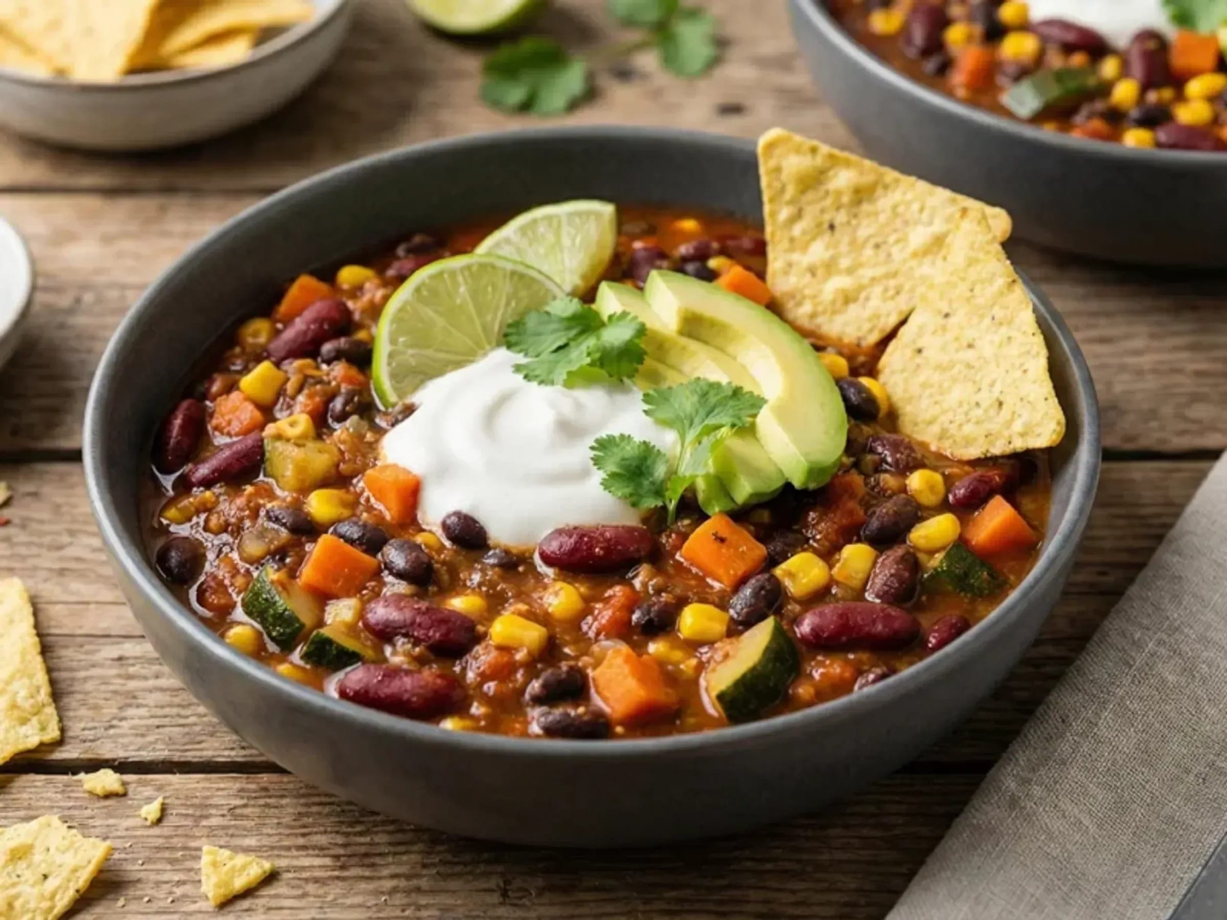 Schale mit Chili sin Carne, Avocado, Limette und Tortilla-Chips
