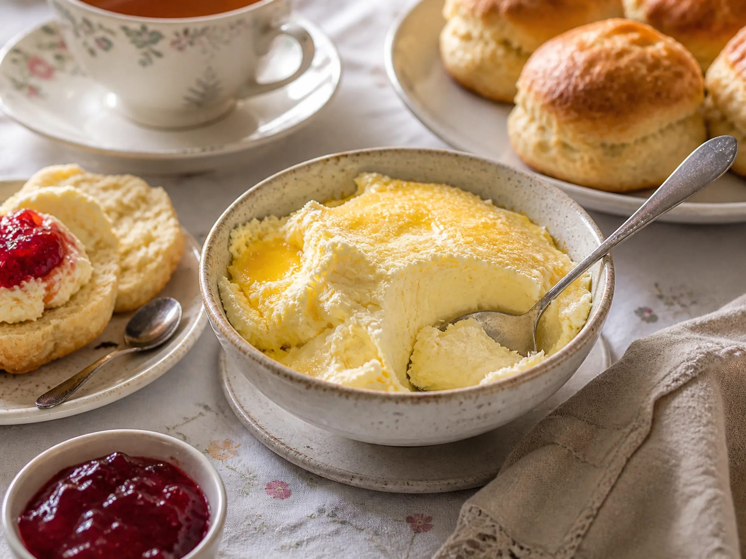Clotted Cream in einer Schale mit Scones und Konfitüre