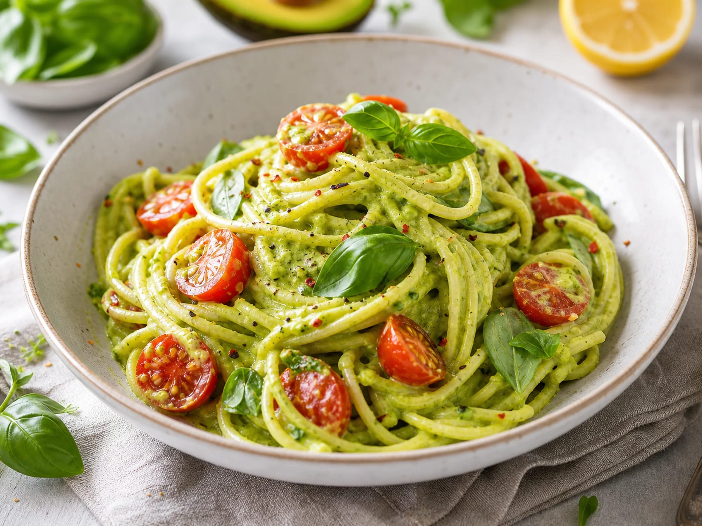 Spaghetti mit cremiger Avocado-Basilikum-Sauce und Kirschtomaten