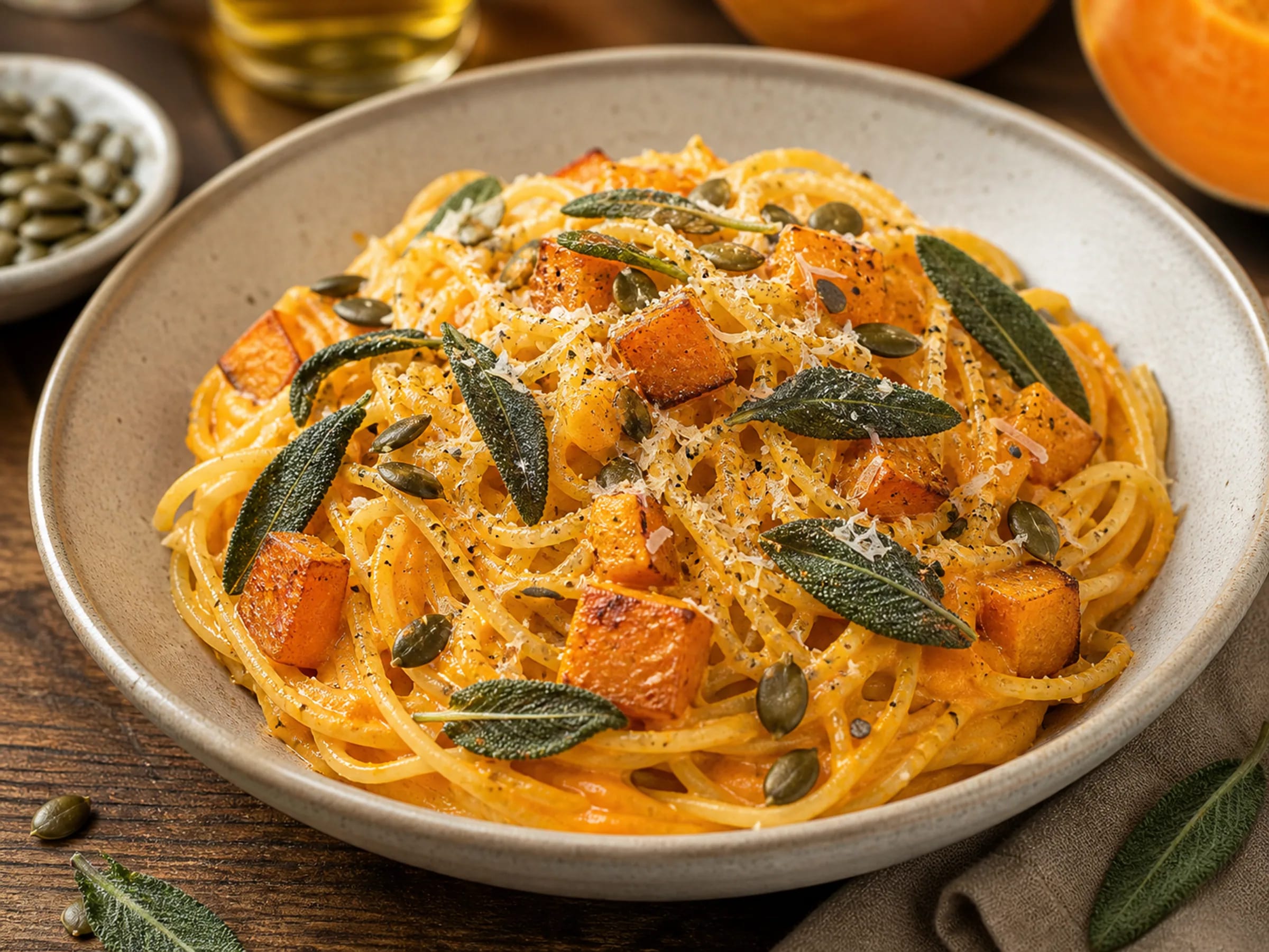Cremige Kürbisnudeln mit Hokkaido, Salbei und Parmesan