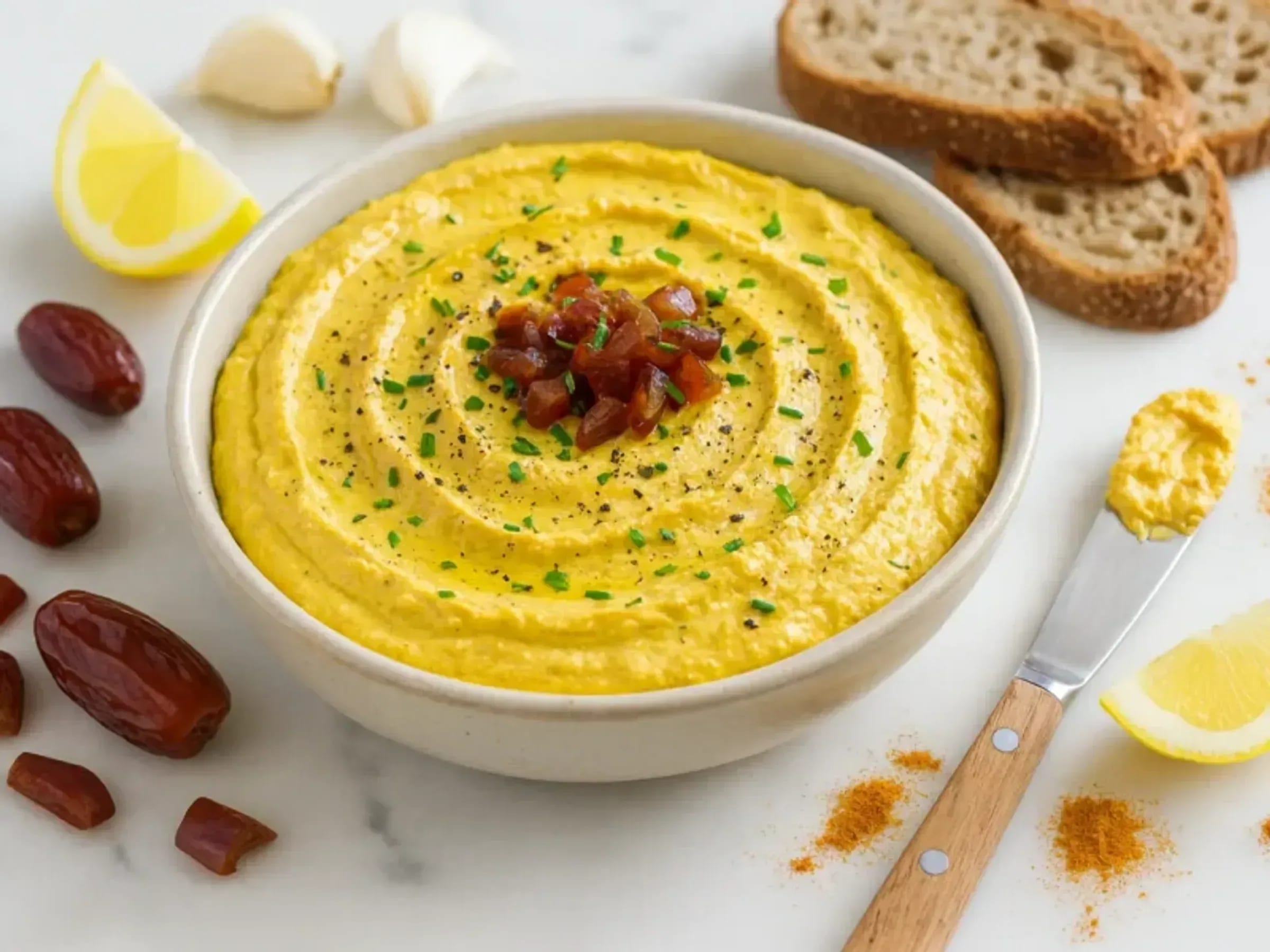Cremiger Dattel-Dip mit Curry in einer Schale, garniert mit Schnittlauch