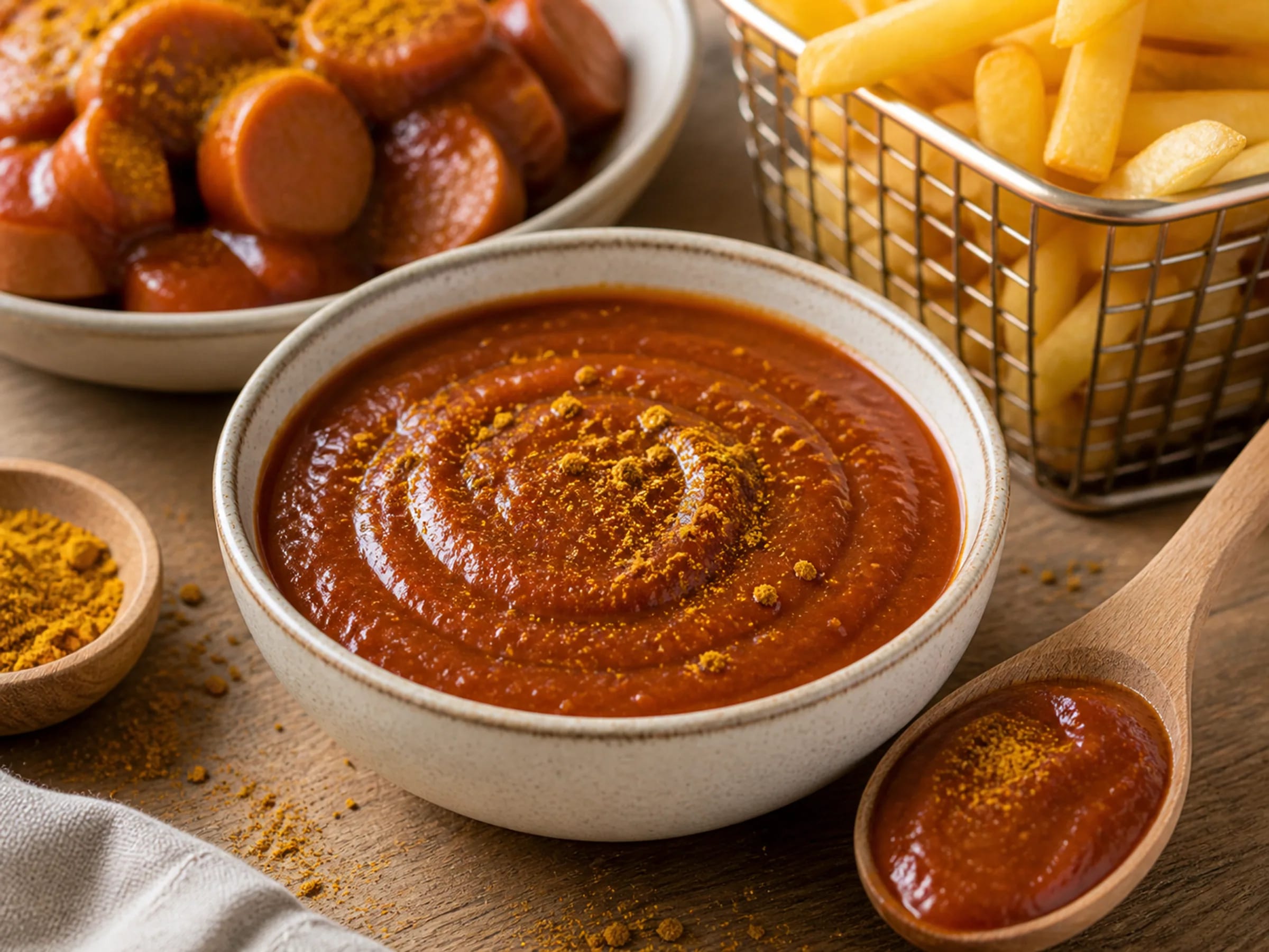 Vegane Currywurst-Soße in einer Schale mit Currypulver und glatter Oberfläche