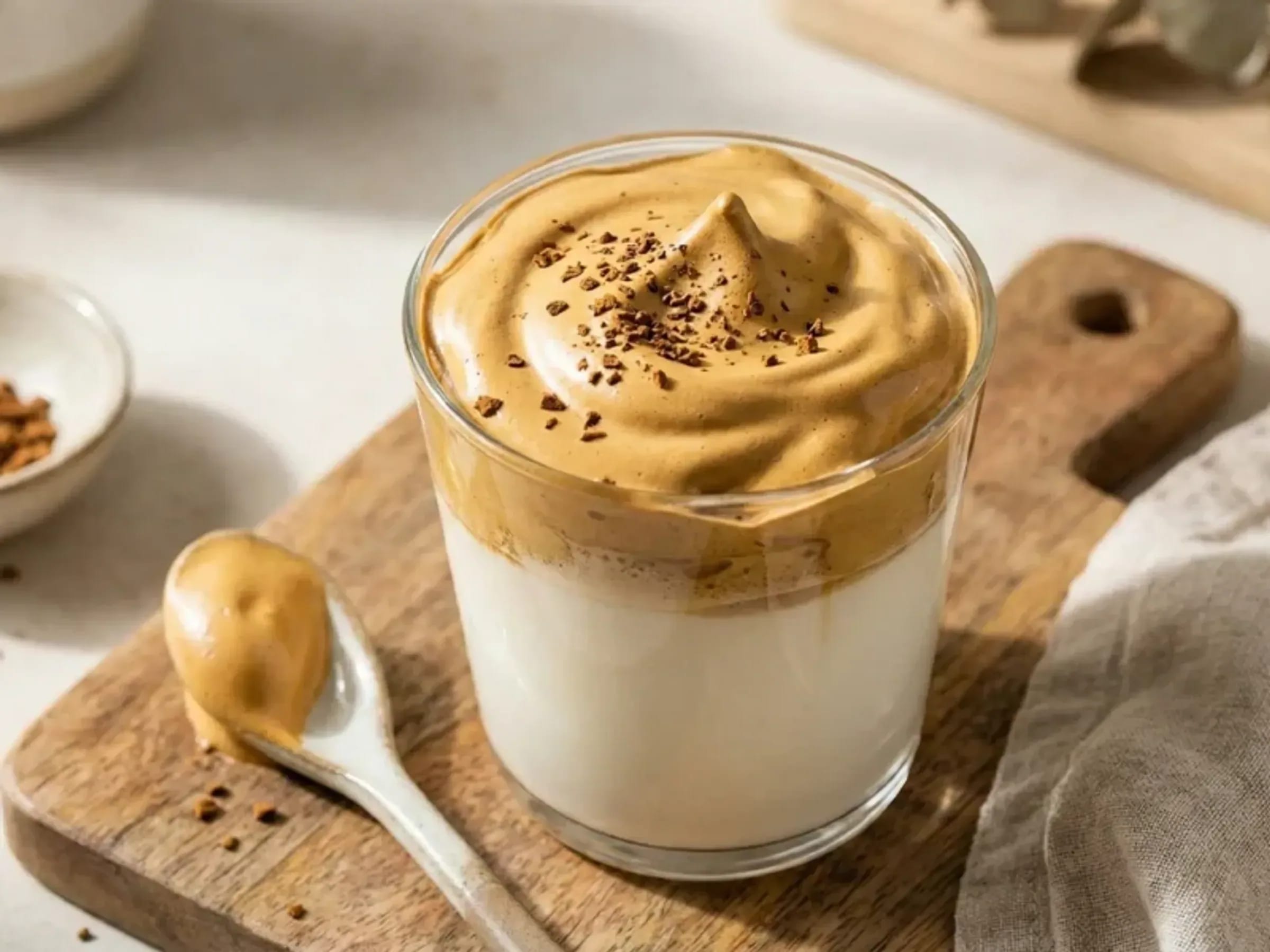 Glas Dalgona Kaffee mit Milch und dicker aufgeschlagener Kaffeeschaumhaube