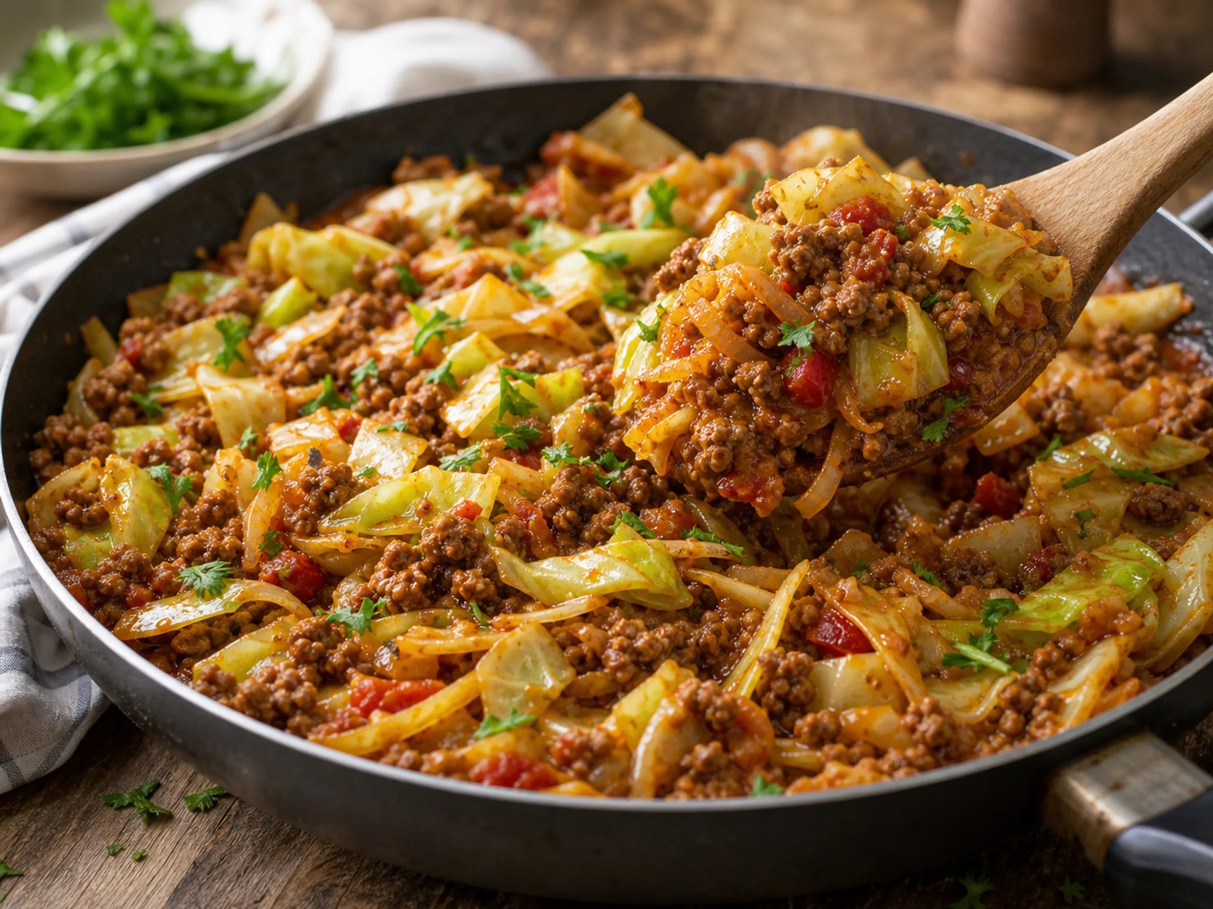 Hack-Spitzkohl-Pfanne mit Rinderhack, Tomatenbasis und gehackter Petersilie