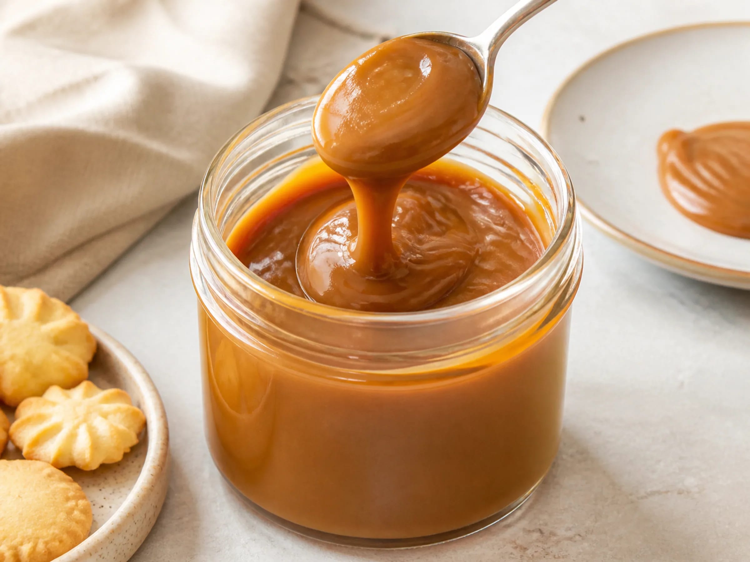 Glänzende Dulce de Leche im Glas mit Löffel und karamellbrauner Creme