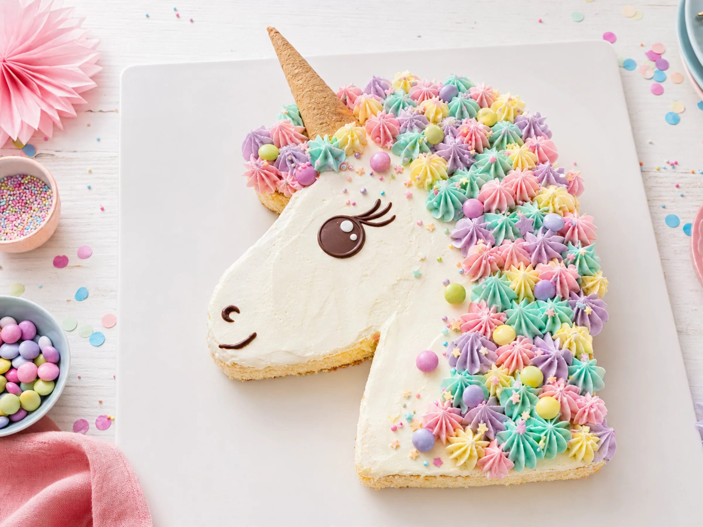 Einfacher Einhorn-Kuchen vom Blech mit weißer Glasur, bunter Mähne, Schokolinsen und Waffelhorn