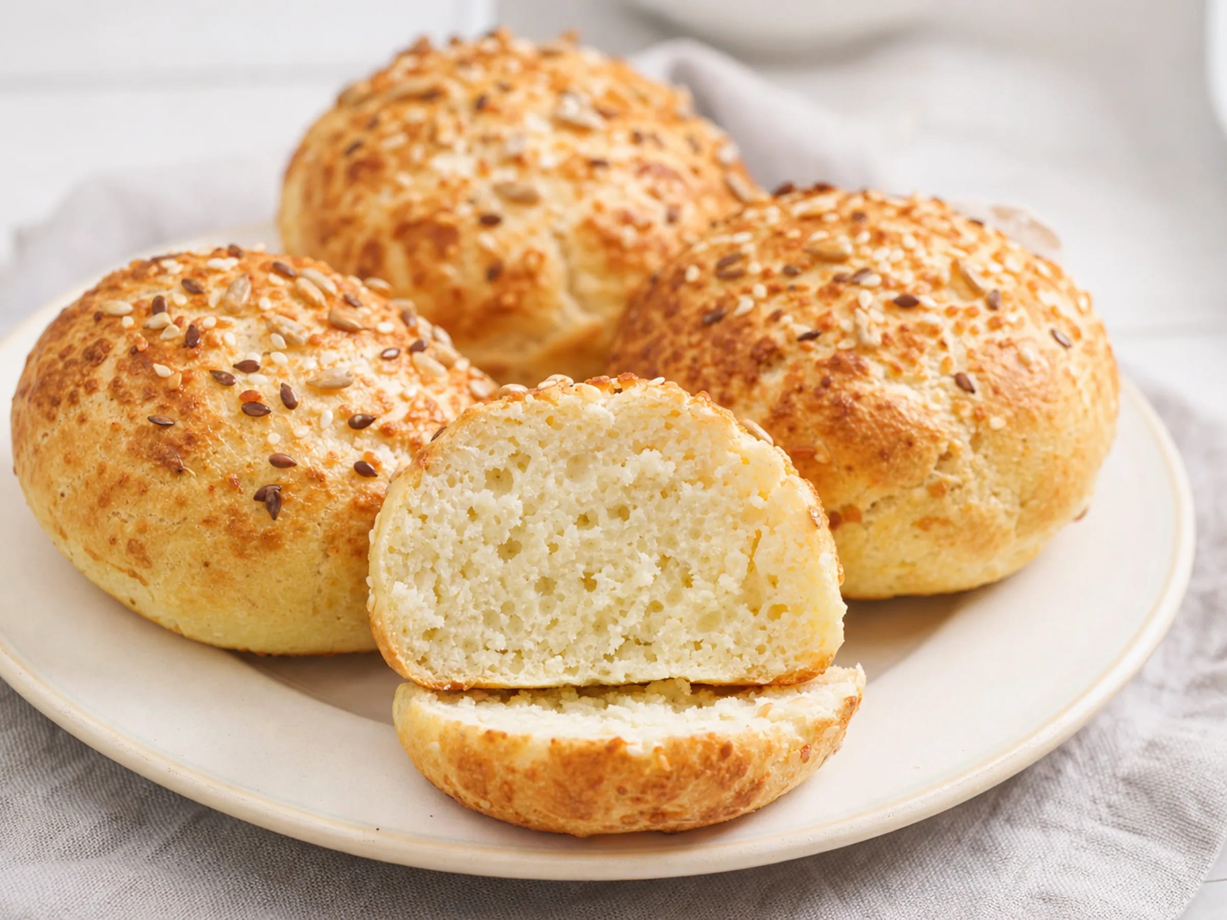 Goldbraune Eiweißbrötchen mit Saaten und lockerer Krume auf einem Teller