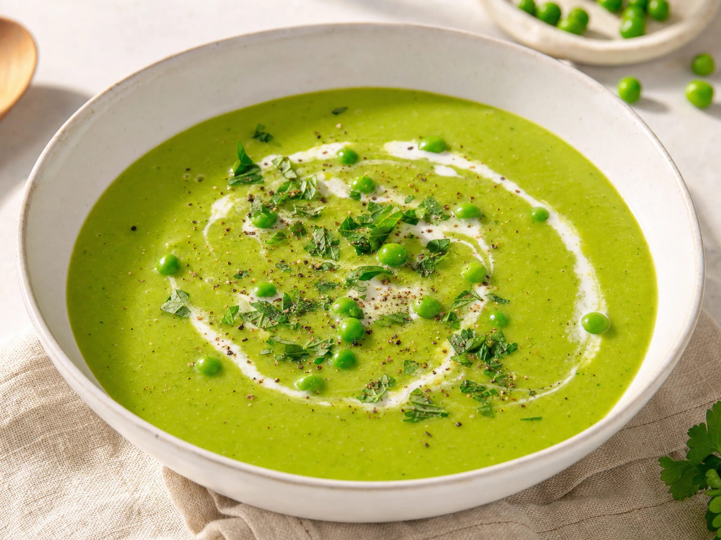 Cremige grüne Erbsensuppe mit Sahnewirbel, ganzen Erbsen und Kräutern