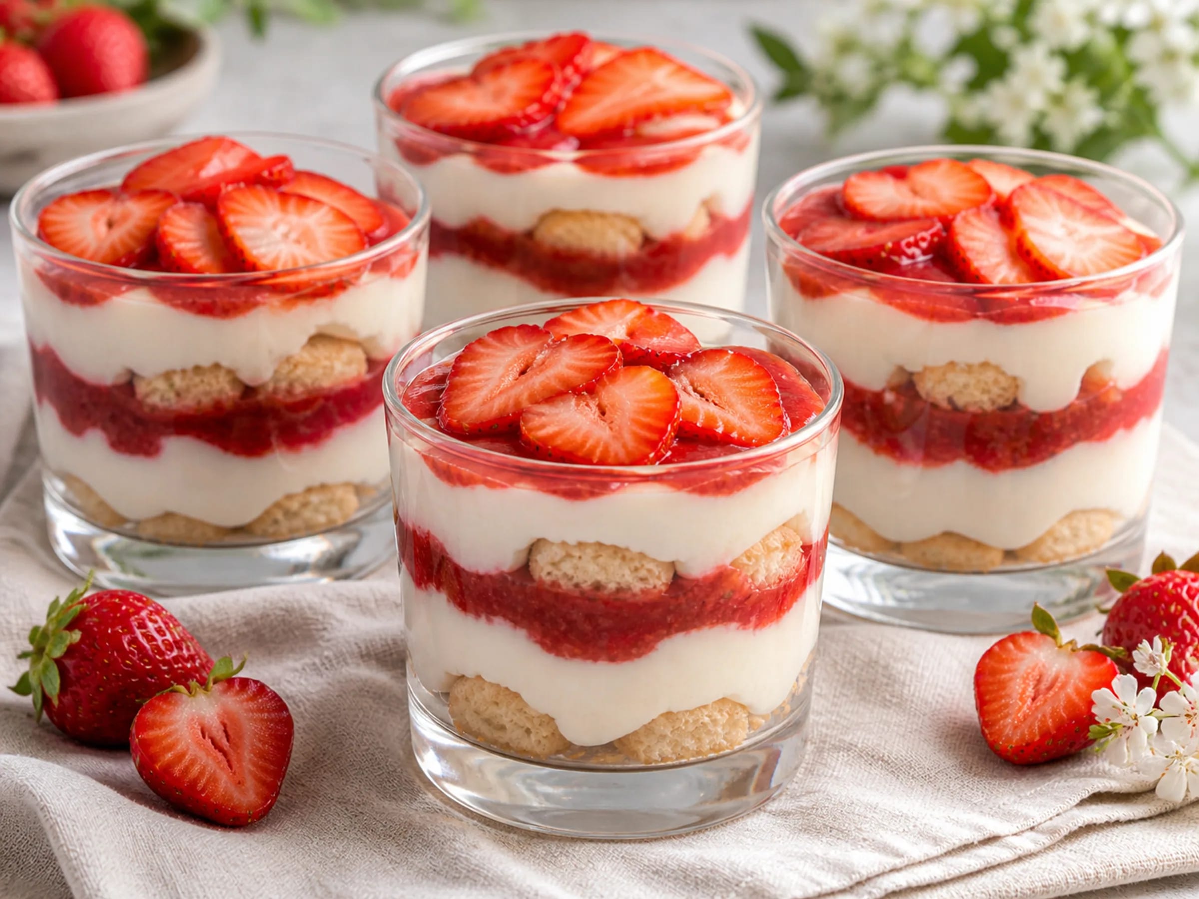 Erdbeer-Tiramisu im Glas mit Mascarponecreme, Erdbeerpüree und Löffelbiskuits