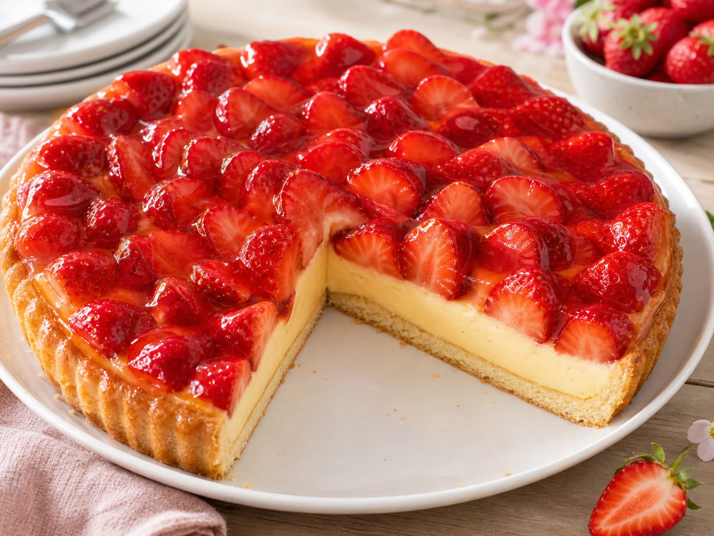 Erdbeerkuchen mit Vanillepudding, frischen Erdbeeren und glänzendem Tortenguss