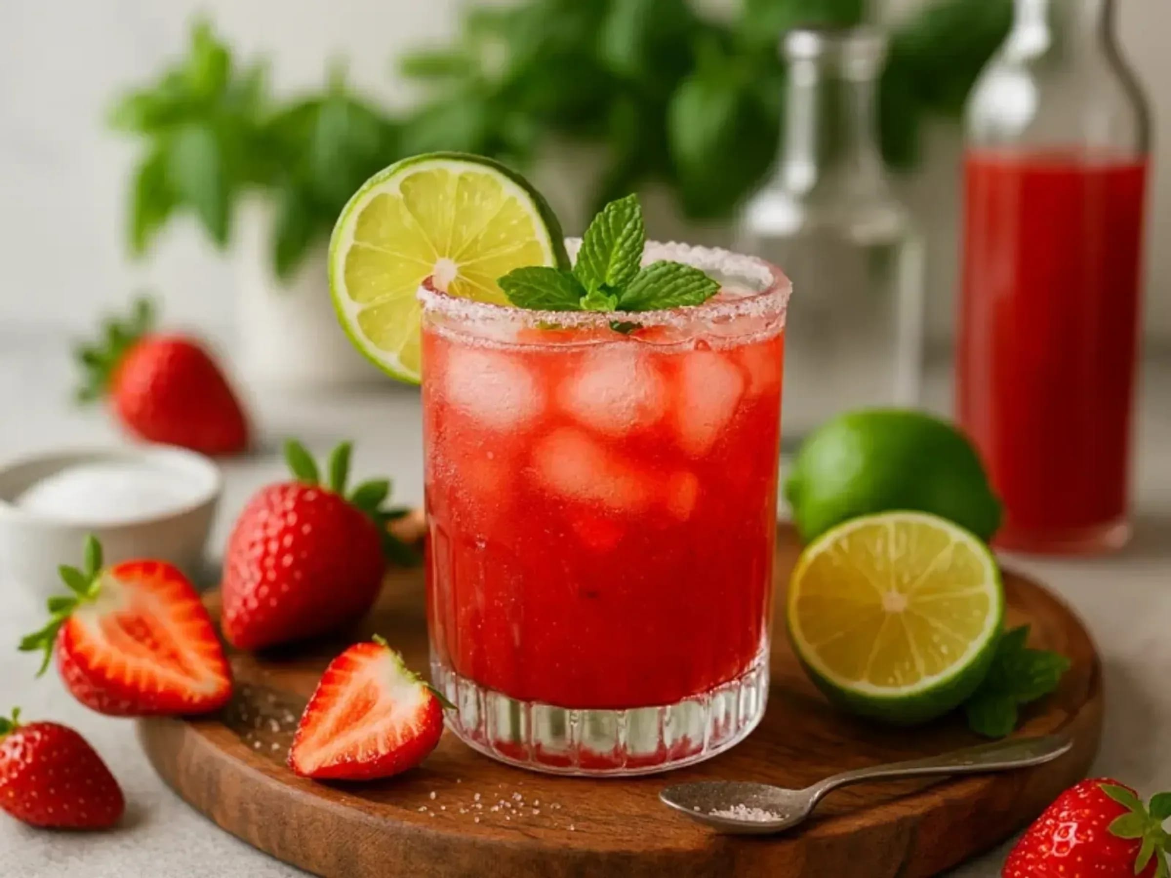 Roter Erdbeerlimes im Glas auf Eis mit Limettenscheibe und frischen Erdbeeren