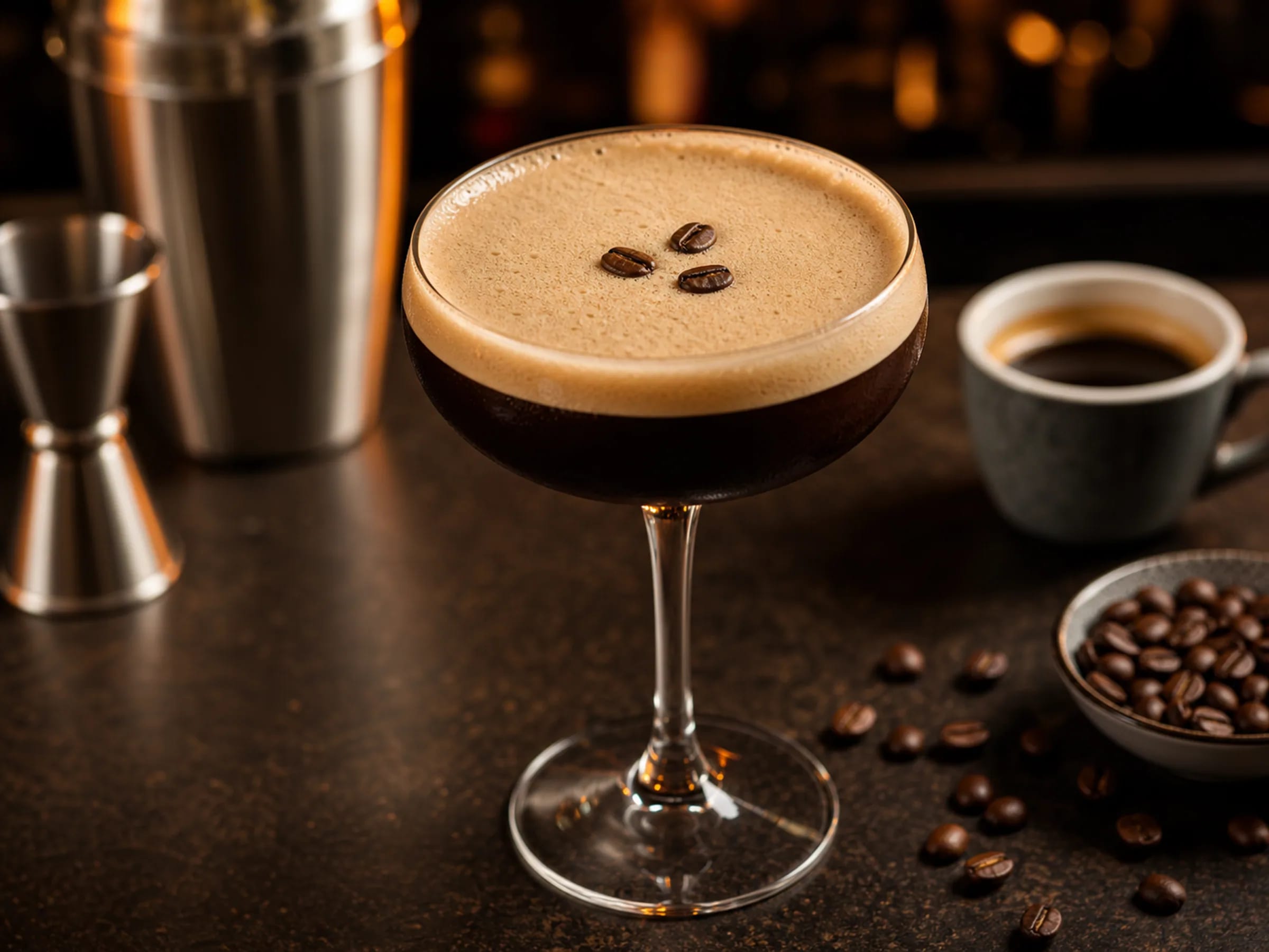 Espresso Martini mit feiner Schaumschicht und Kaffeebohnen im Coupe-Glas