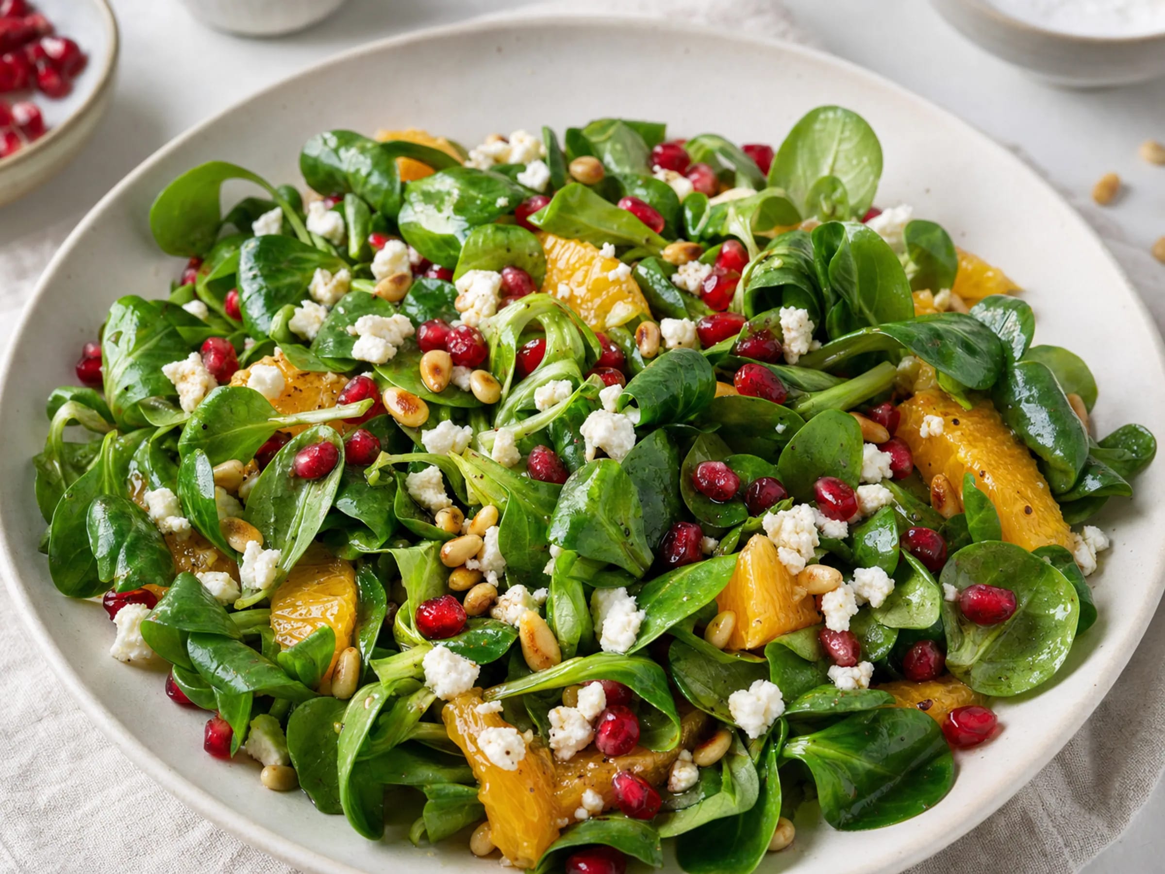 Feldsalat mit Granatapfelkernen, Feta, Orangenfilets und gerösteten Pinienkernen