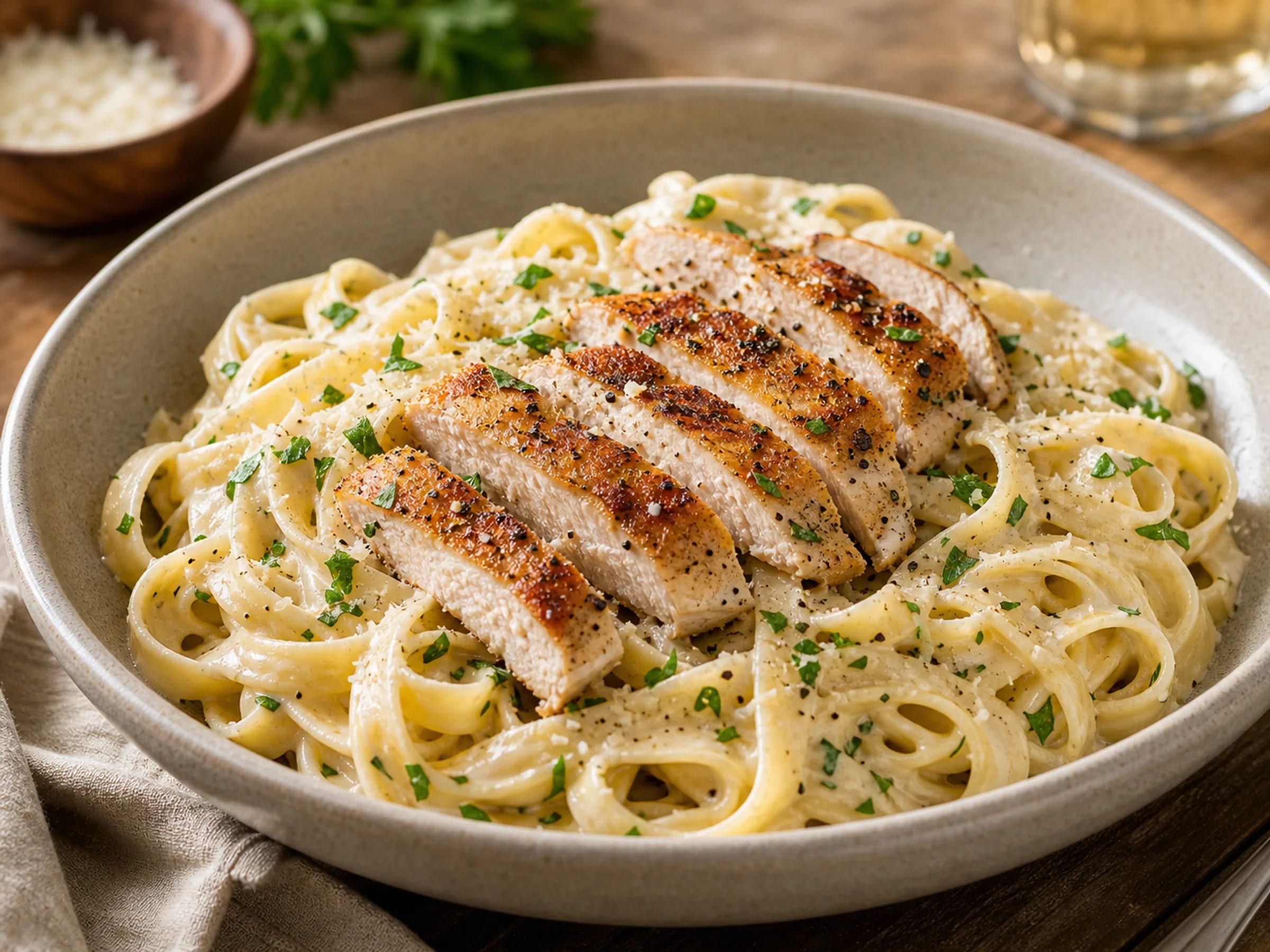 Fettuccine Alfredo mit gebratenem Hähnchen, Parmesan und Petersilie auf einem Teller