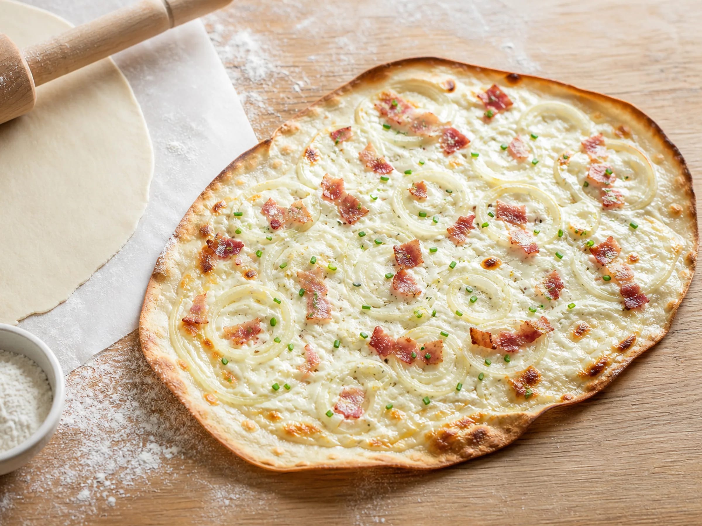 Knusprig gebackener Flammkuchen mit dünnem Boden neben ausgerolltem Teig