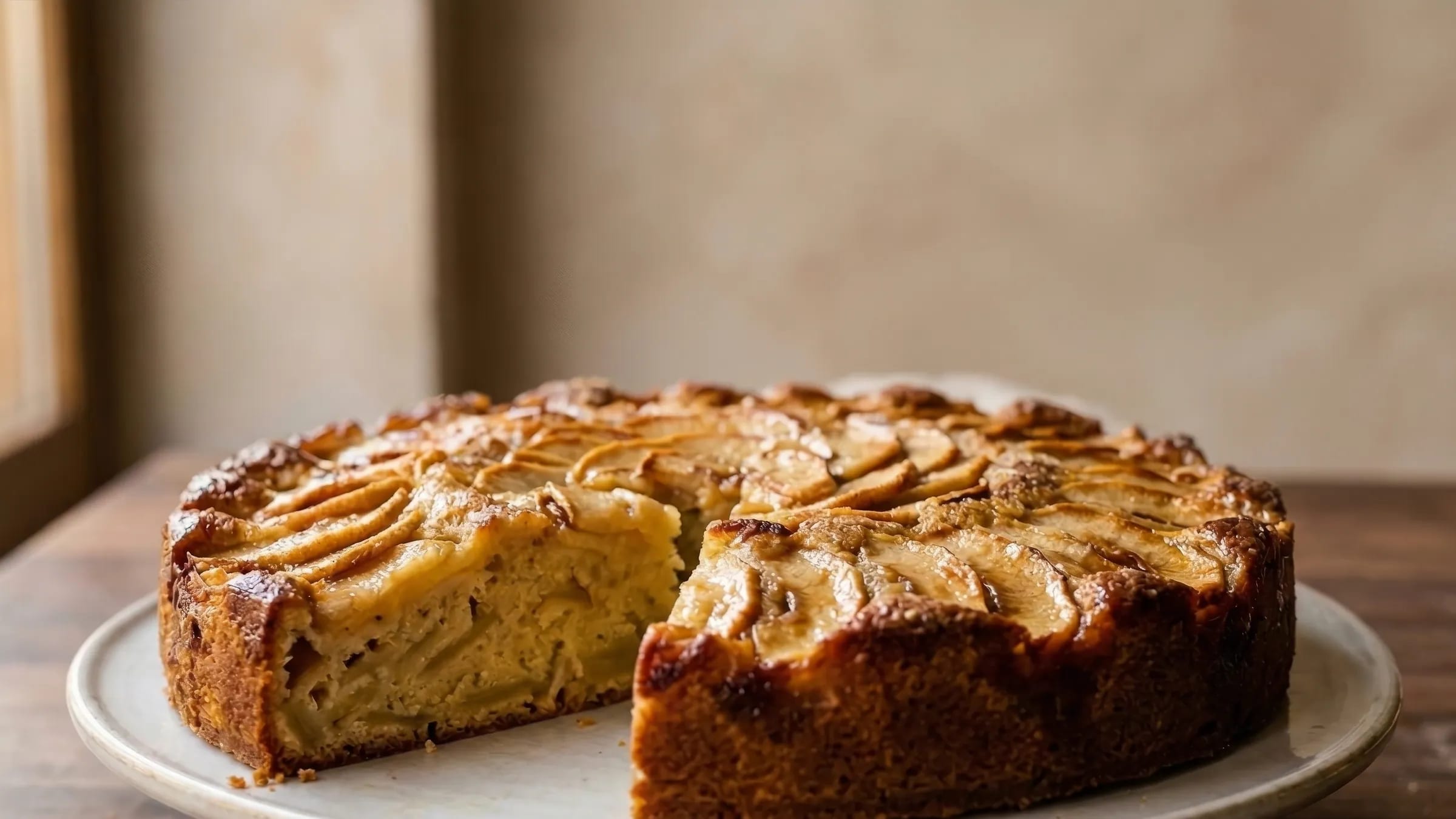 Französischer Apfelkuchen mit Apfelspalten, Mandeln und Puderzucker auf einer Kuchenplatte
