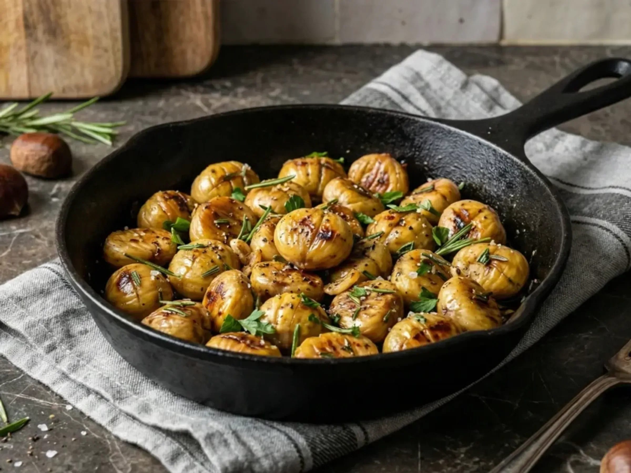 Goldbraun gebratene Maronen mit Rosmarin, Knoblauch und Petersilie