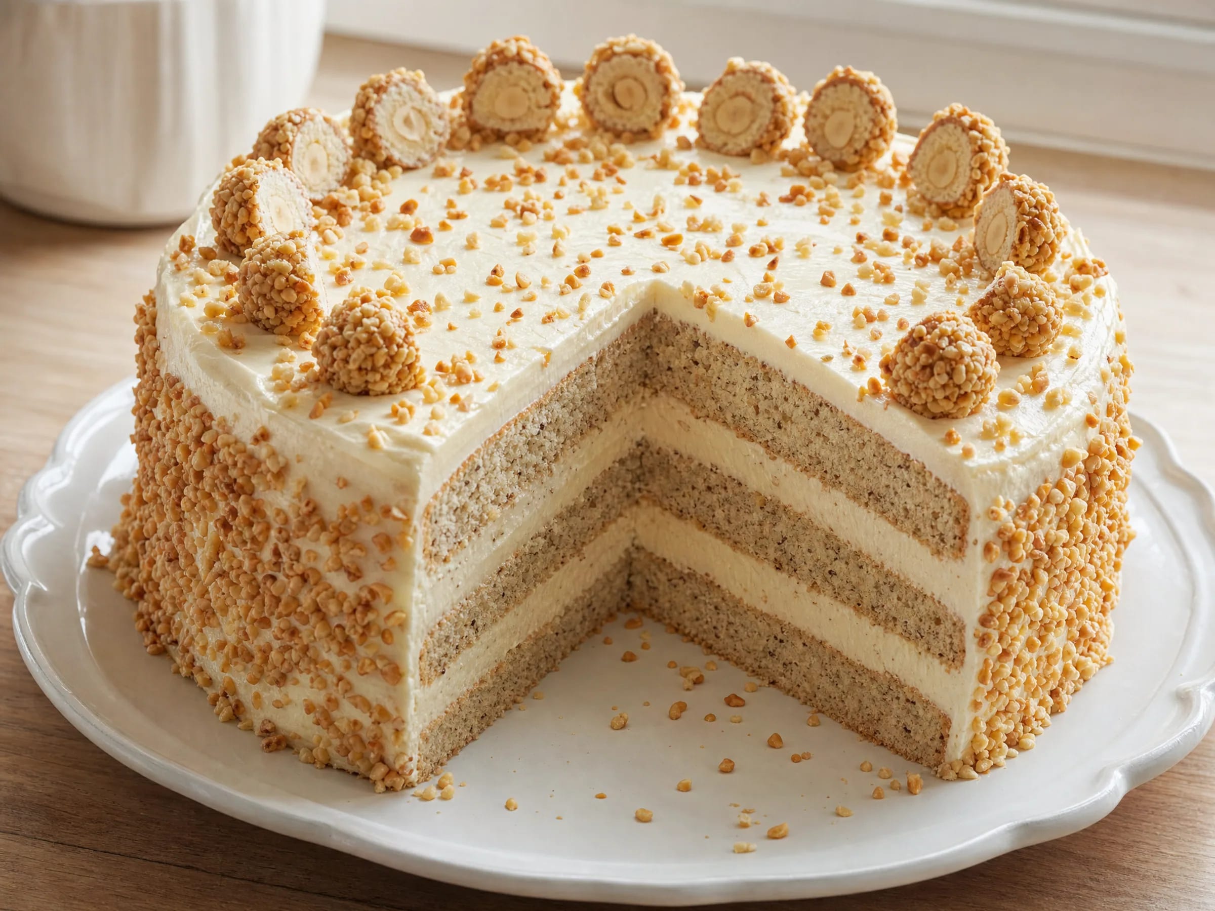 Giotto-Torte mit Haselnuss-Biskuit fertig angerichtet