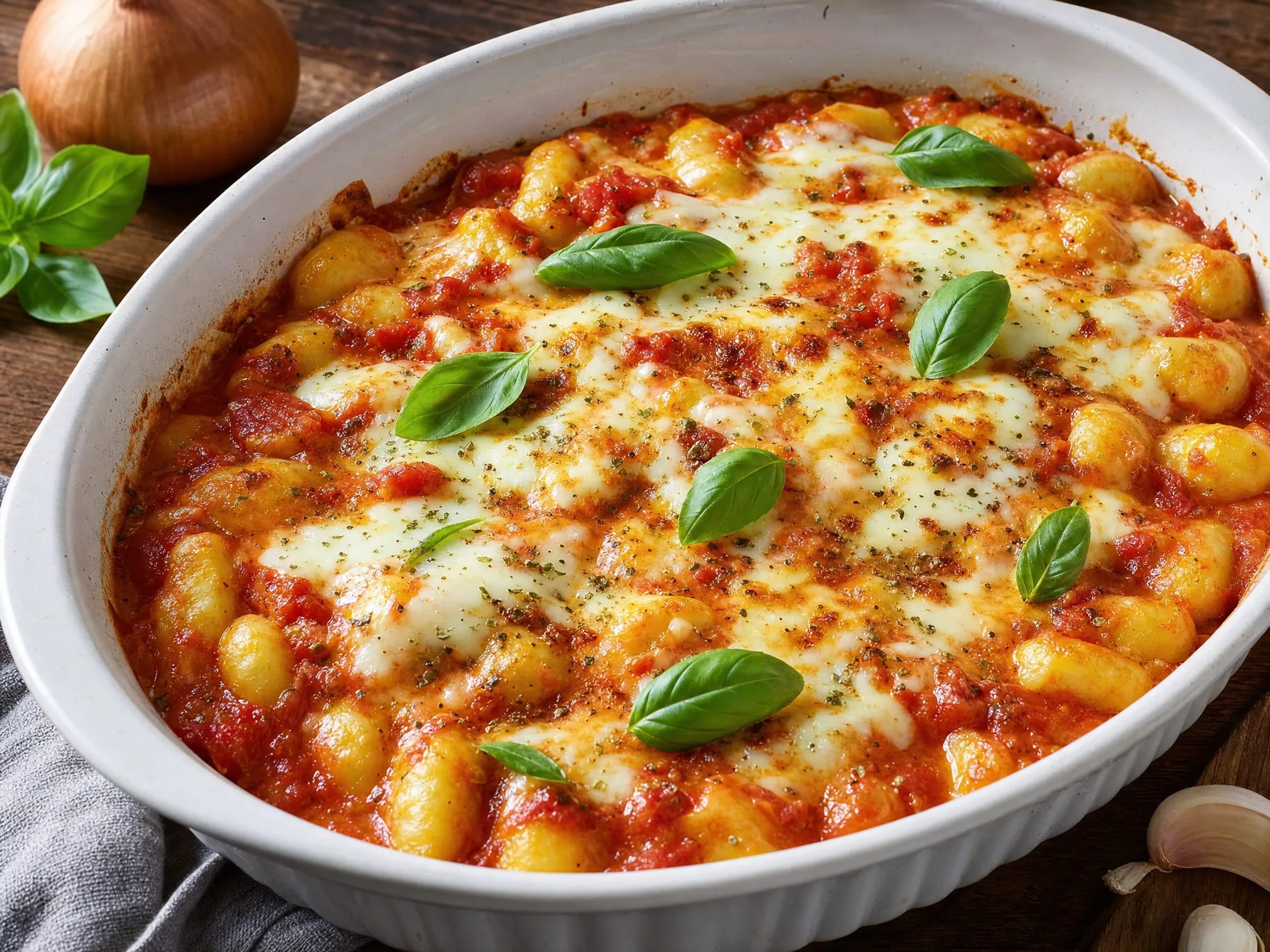 Gnocchi-Auflauf ohne Vorkochen mit Tomaten und Mozzarella fertig angerichtet