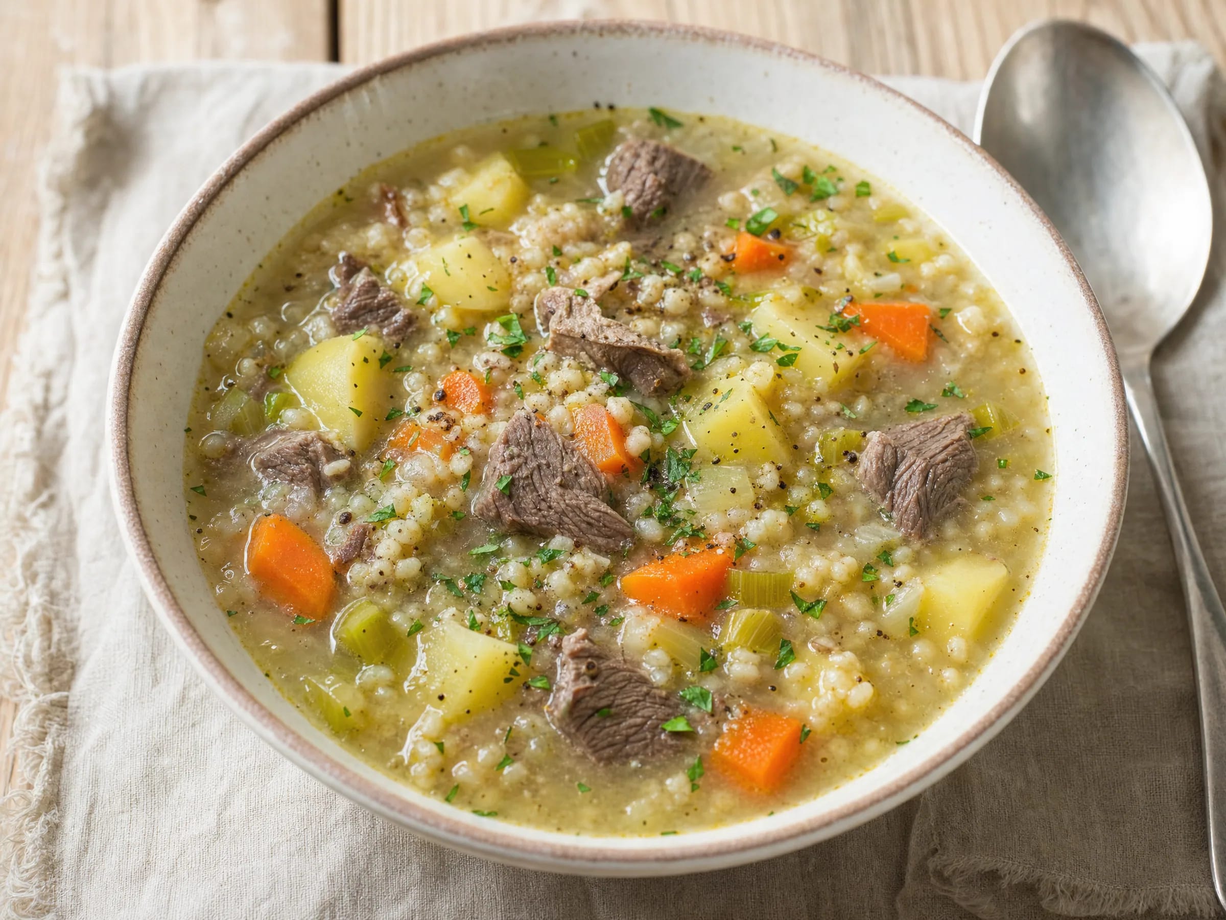 Graupensuppe mit Rindfleisch – sämig wie bei Muttern fertig angerichtet