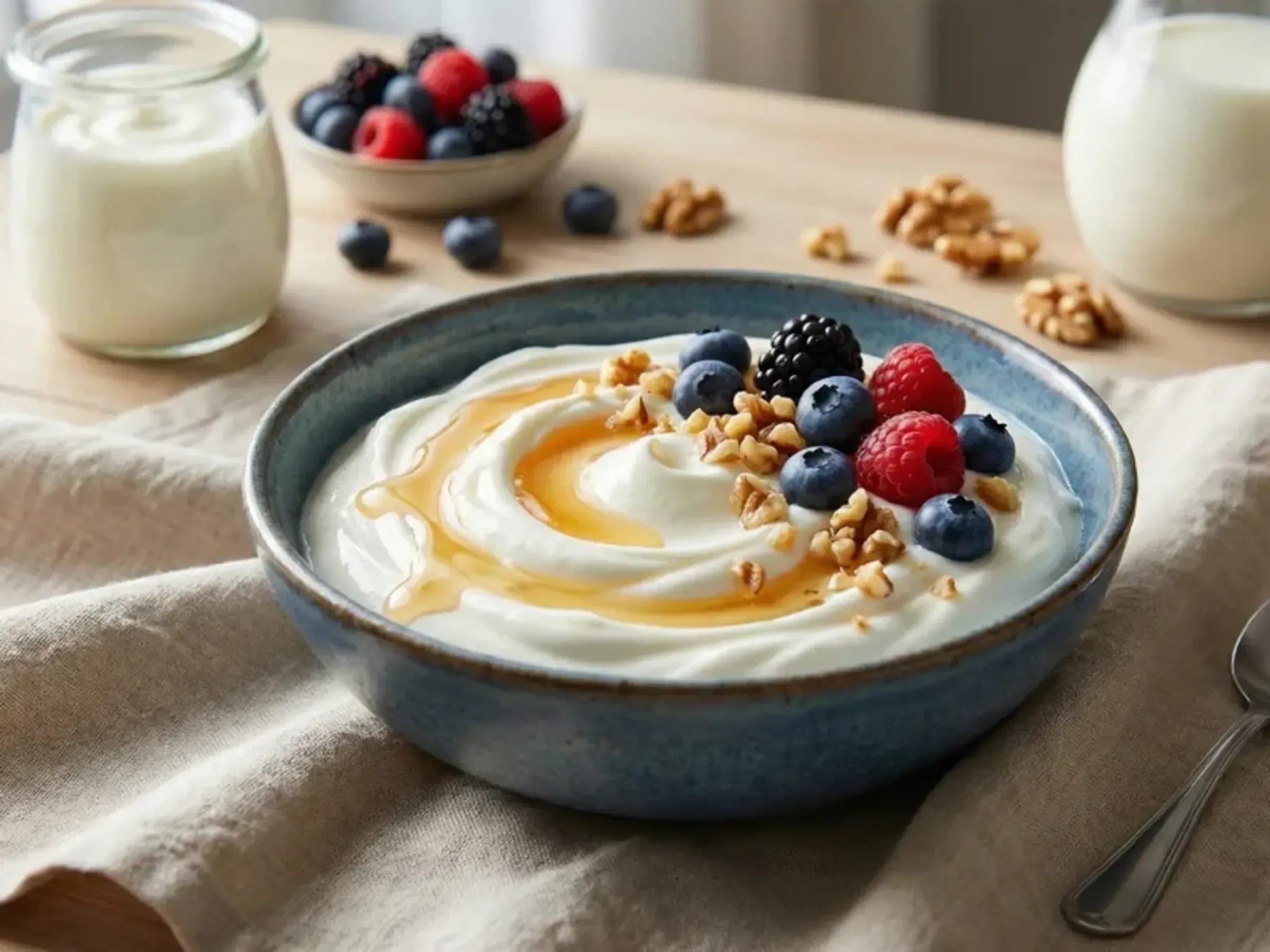Cremiger griechischer Joghurt mit Honig, Walnüssen und Beeren