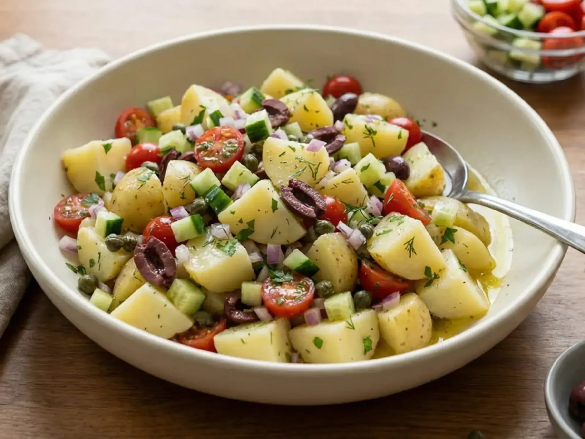 Griechischer Kartoffelsalat mit Gurke, Tomaten, Oliven, Kapern und Kräutern