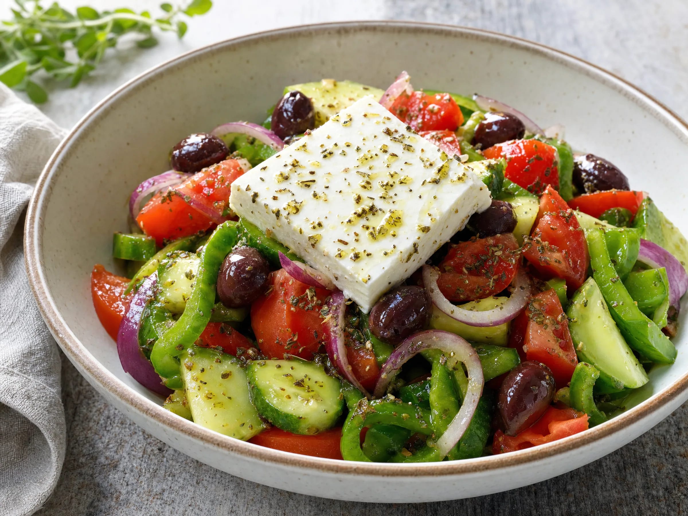 Griechischer Salat mit Feta und Oregano-Dressing fertig angerichtet