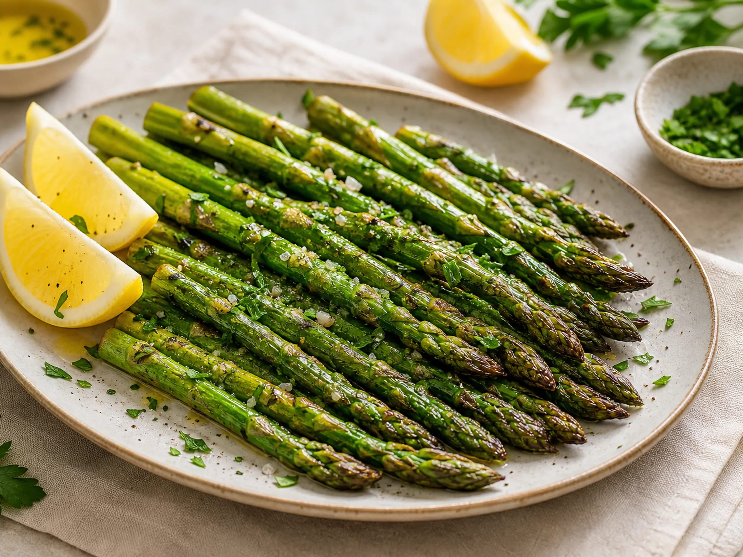 Grüner Spargel aus dem Airfryer mit Zitrone und Petersilie