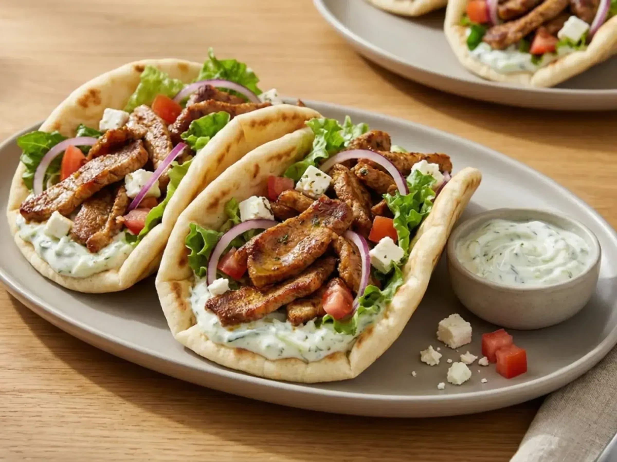 Gefüllte Gyros-Pita mit Tzatziki, Schweinegyros, Tomaten, roter Zwiebel und Feta