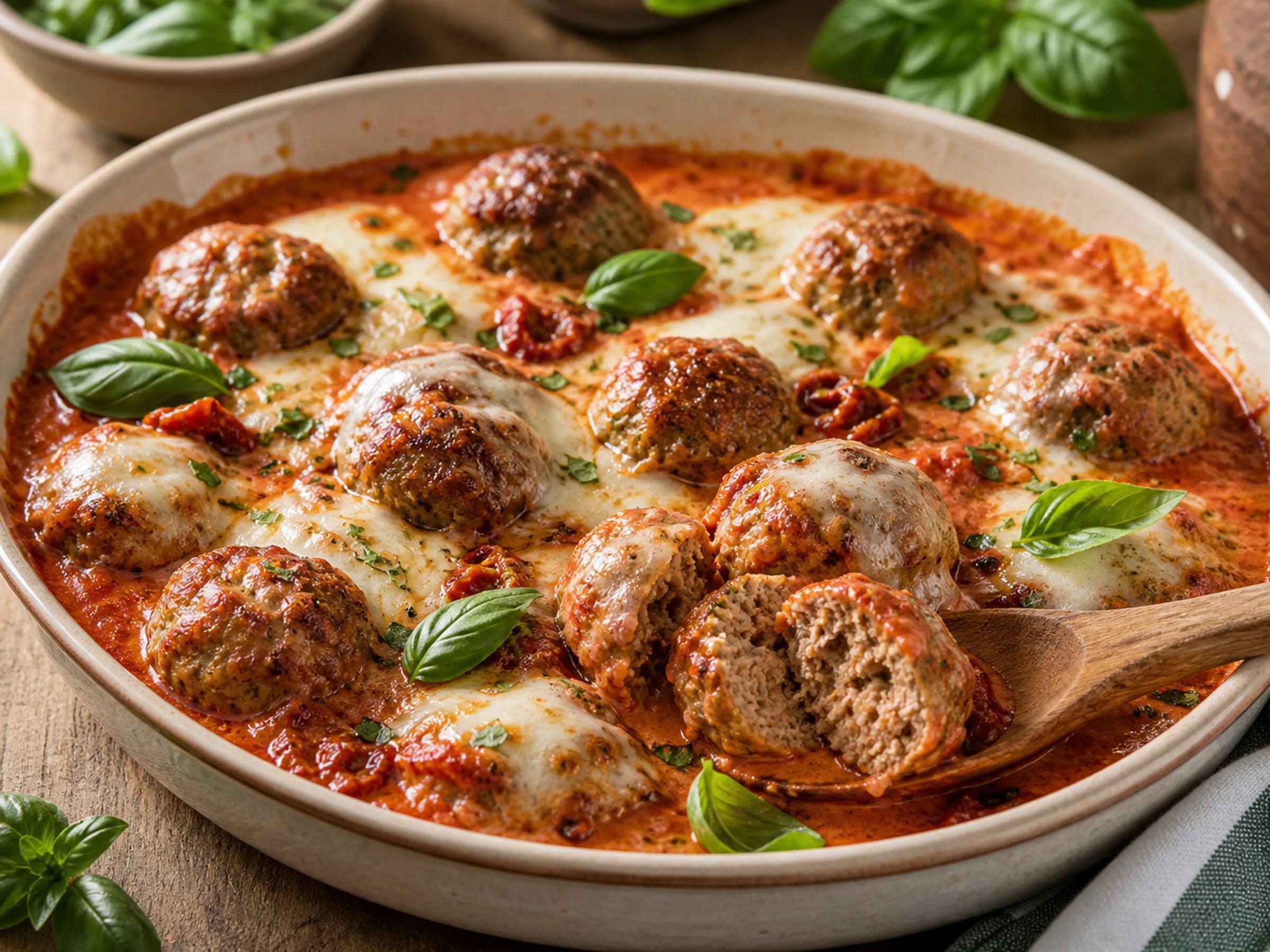 Hackbällchen Toskana in cremiger Tomatensoße mit Spinat, Mozzarella und Basilikum
