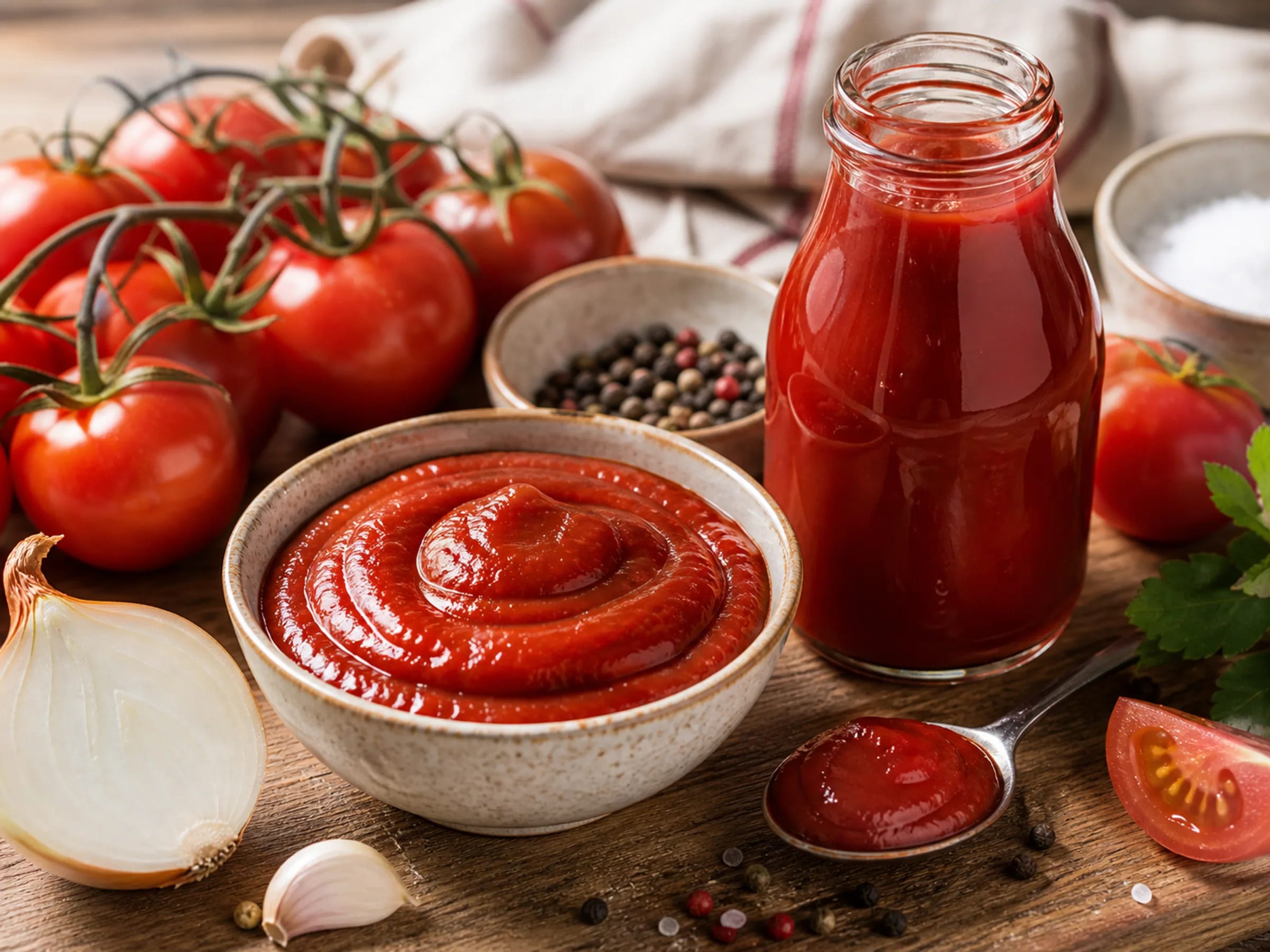 Hausgemachter Tomatenketchup im Glas mit frischen Tomaten, Zwiebeln und Knoblauch