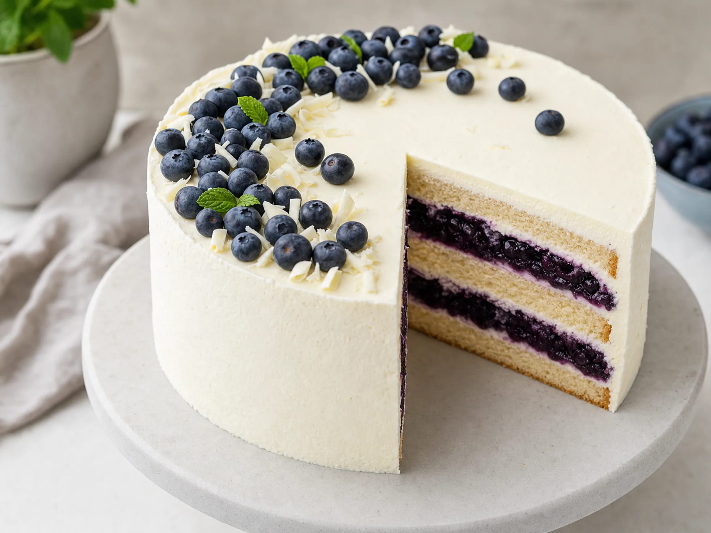 Heidelbeer-Torte mit Biskuitboden, Heidelbeerfüllung, Frischkäse-Sahne-Creme und frischen Heidelbeeren