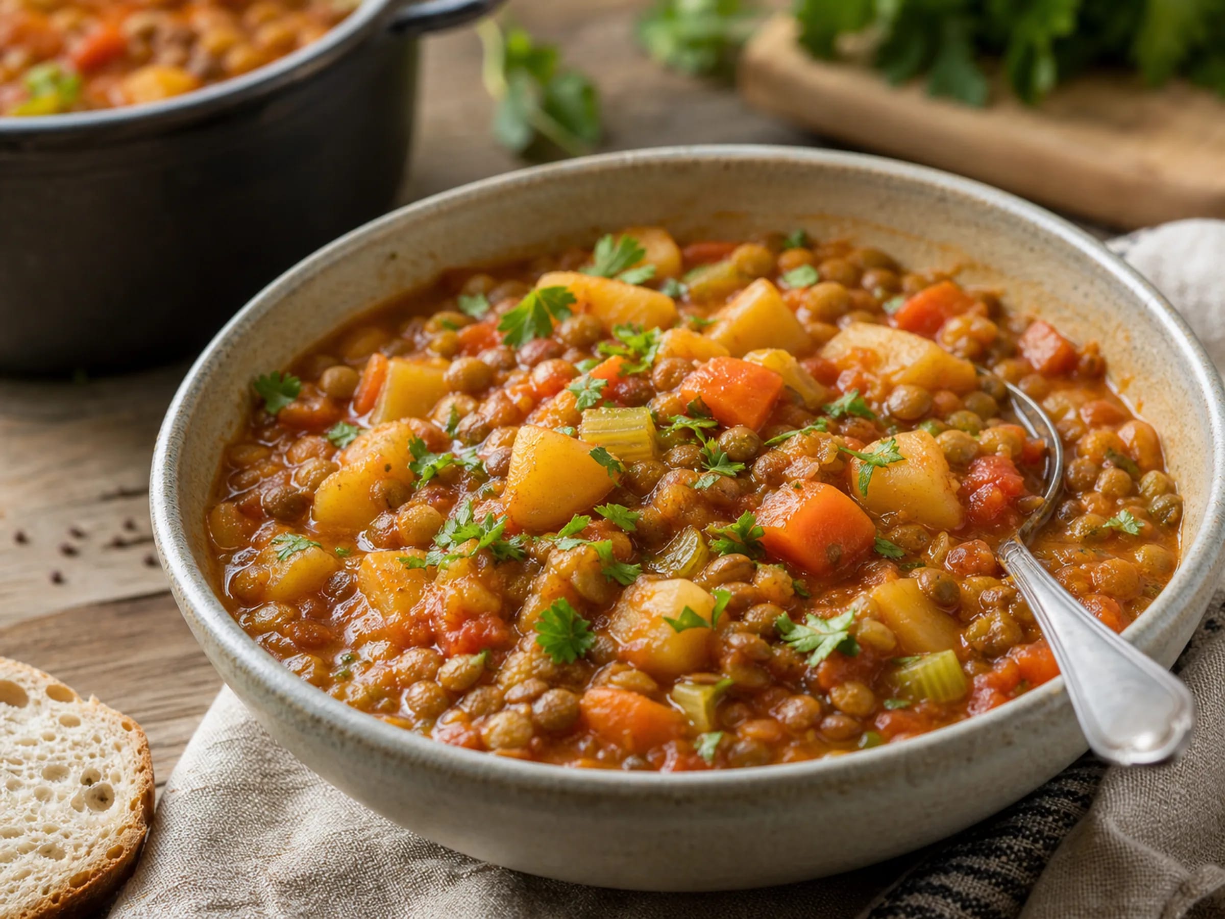 Vegetarischer Linseneintopf mit Berglinsen, Kartoffeln, Gemüse und Petersilie