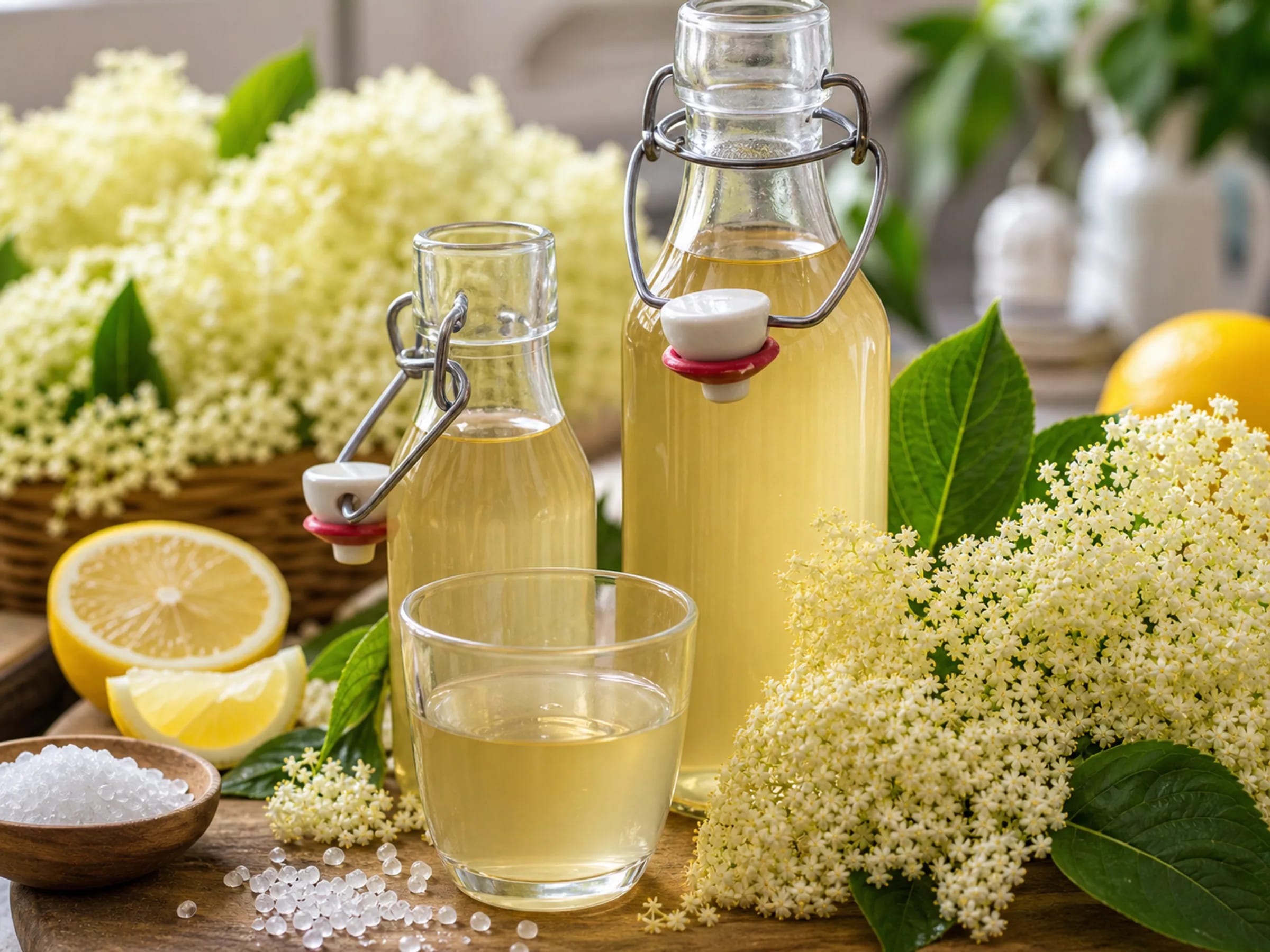 Klarer Holunderblütensirup in Glasflaschen mit Holunderblüten und Zitronenscheiben