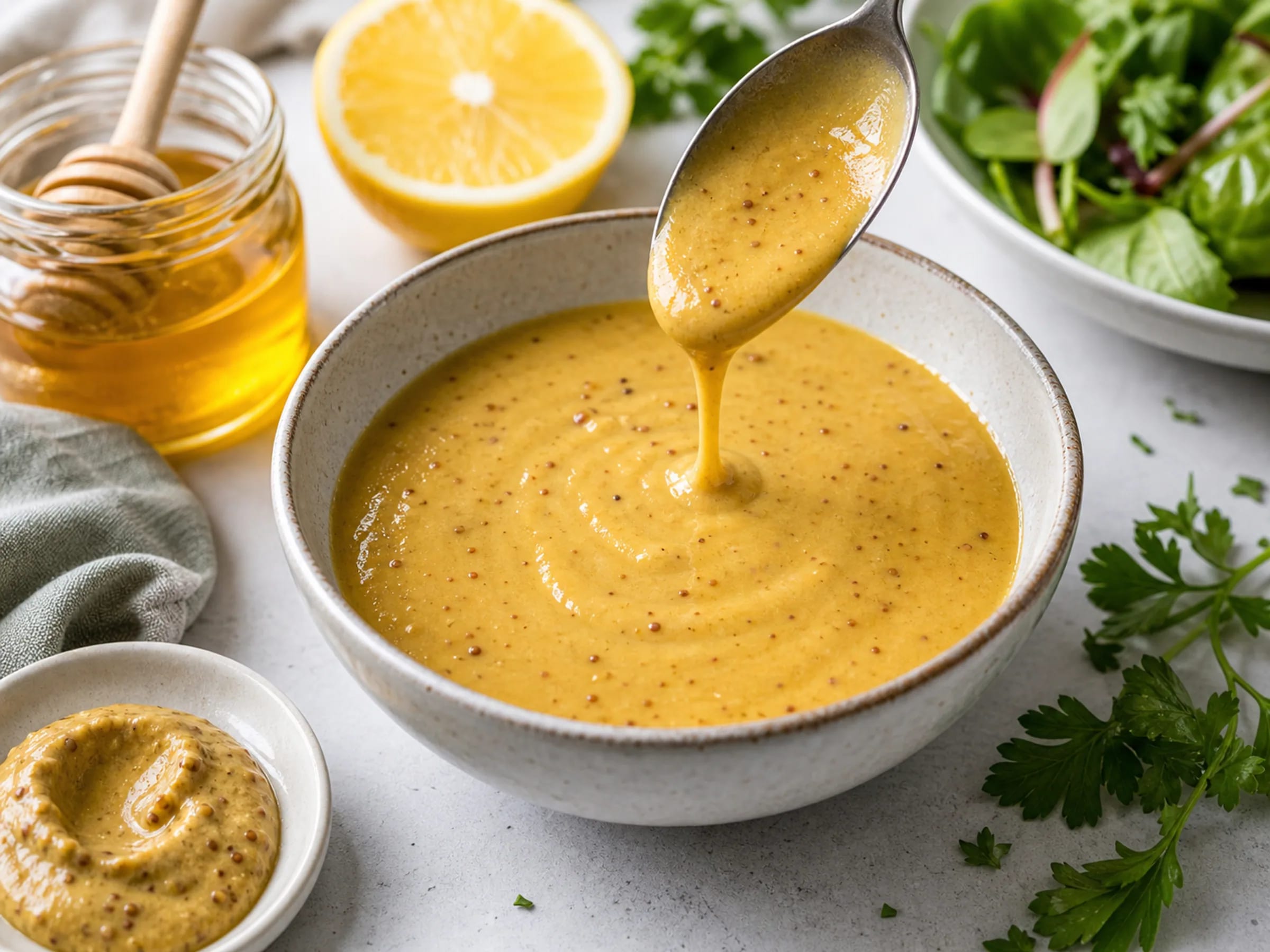 Cremiges Honig-Senf-Dressing in einer Schale mit glatter goldgelber Oberfläche