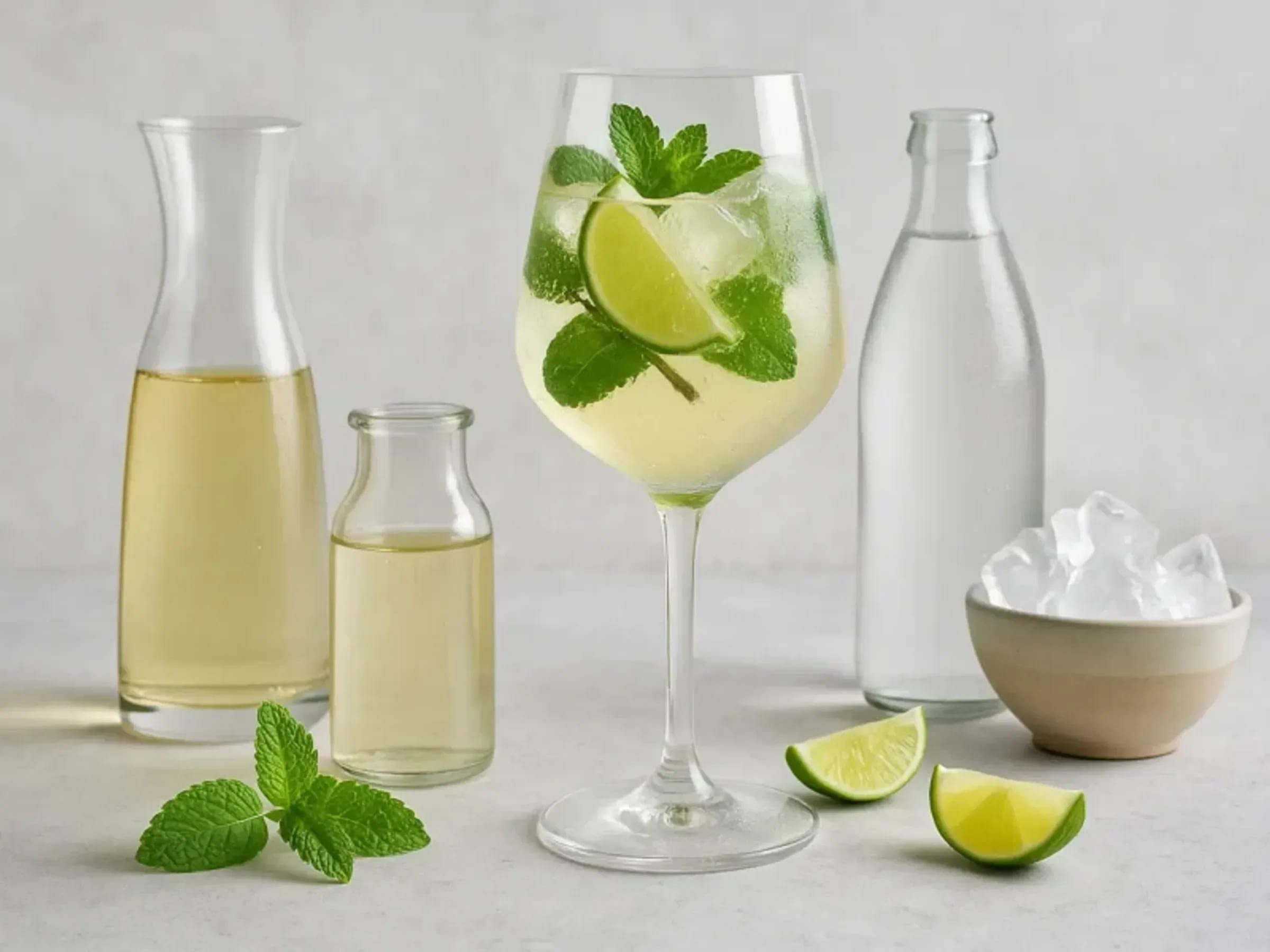 Klassischer Hugo im Weinglas mit Eis, Minze und Limette
