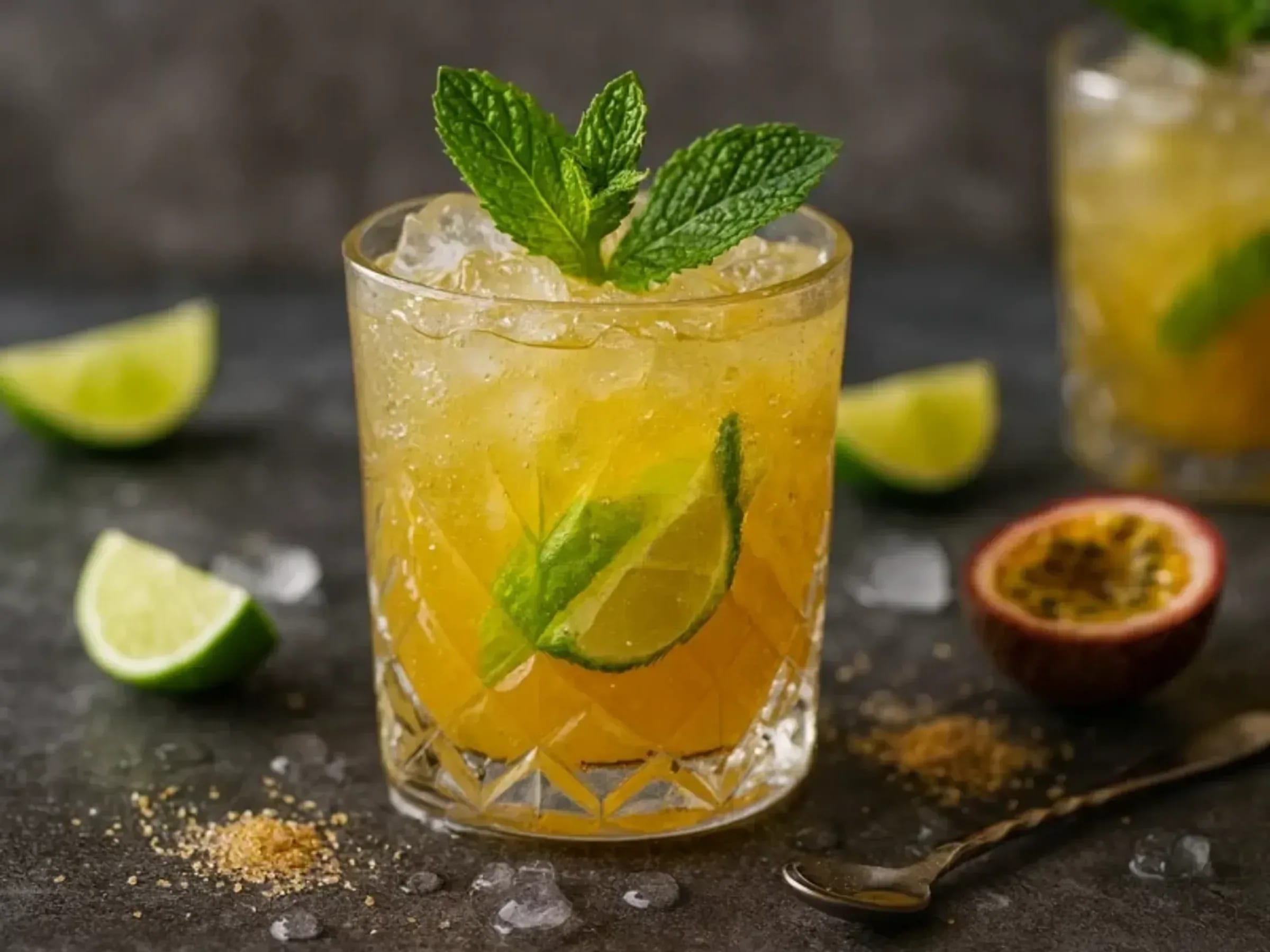 Alkoholfreier Ipanema mit Maracuja, Limette und Crushed Ice im Tumbler